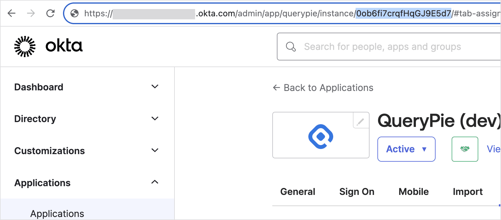 Top URL of Okta Admin > Applications > QueryPie App