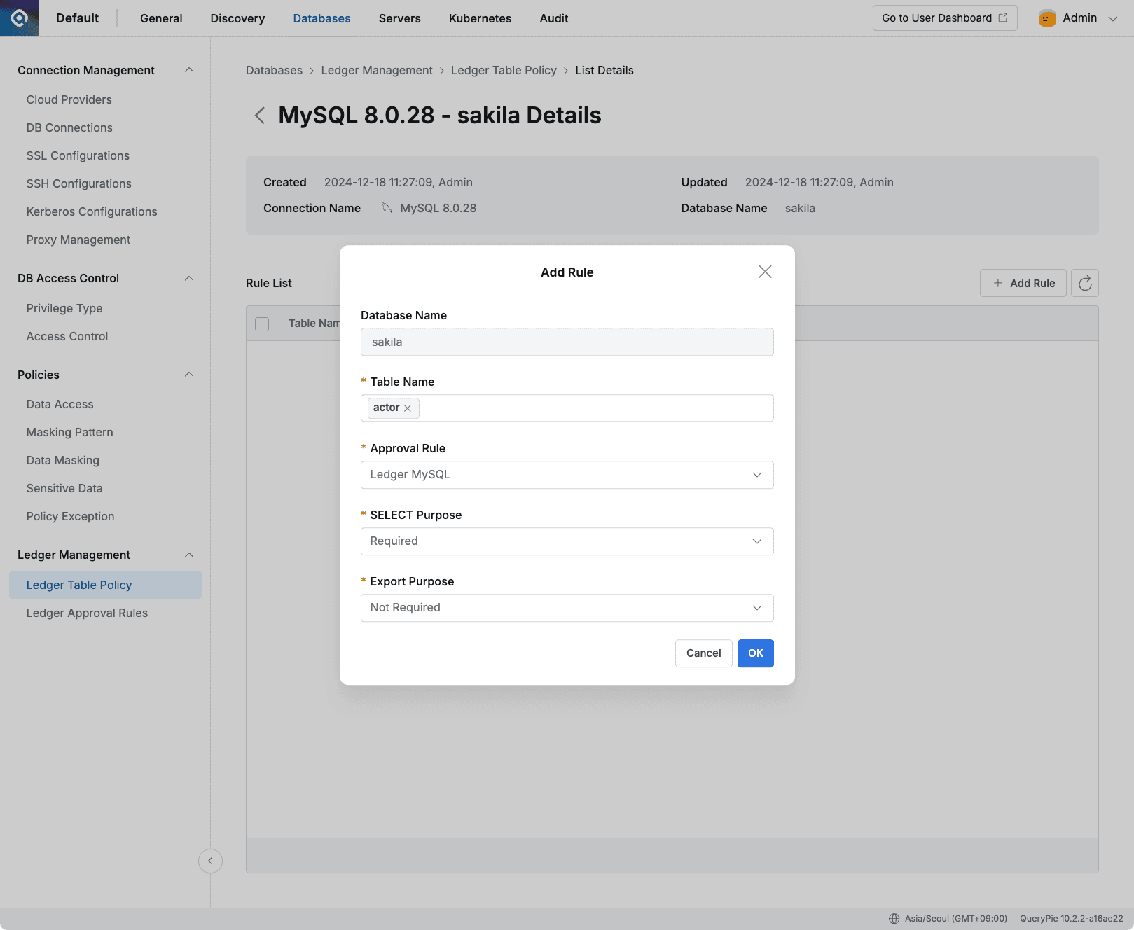 Administrator > Databases > Ledger Management > Ledger Table Policy > Details