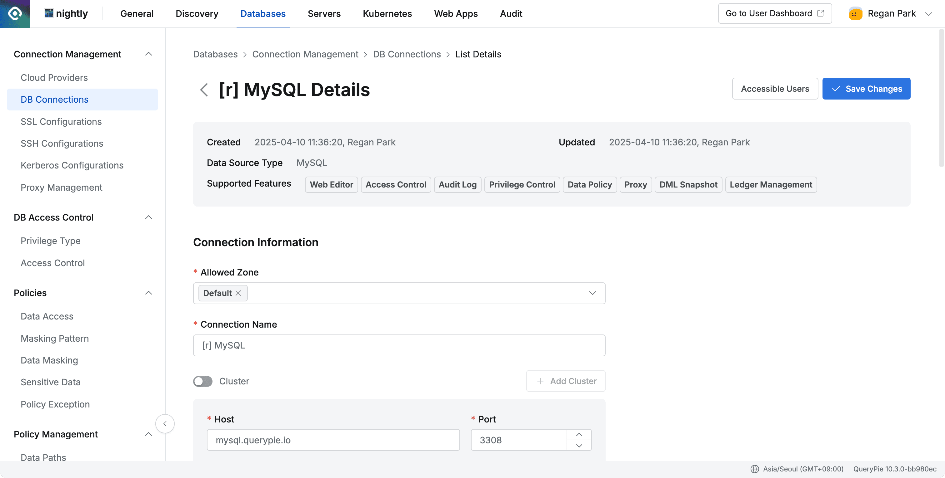 Administrator > Databases > Connection Management > DB Connections > List Details