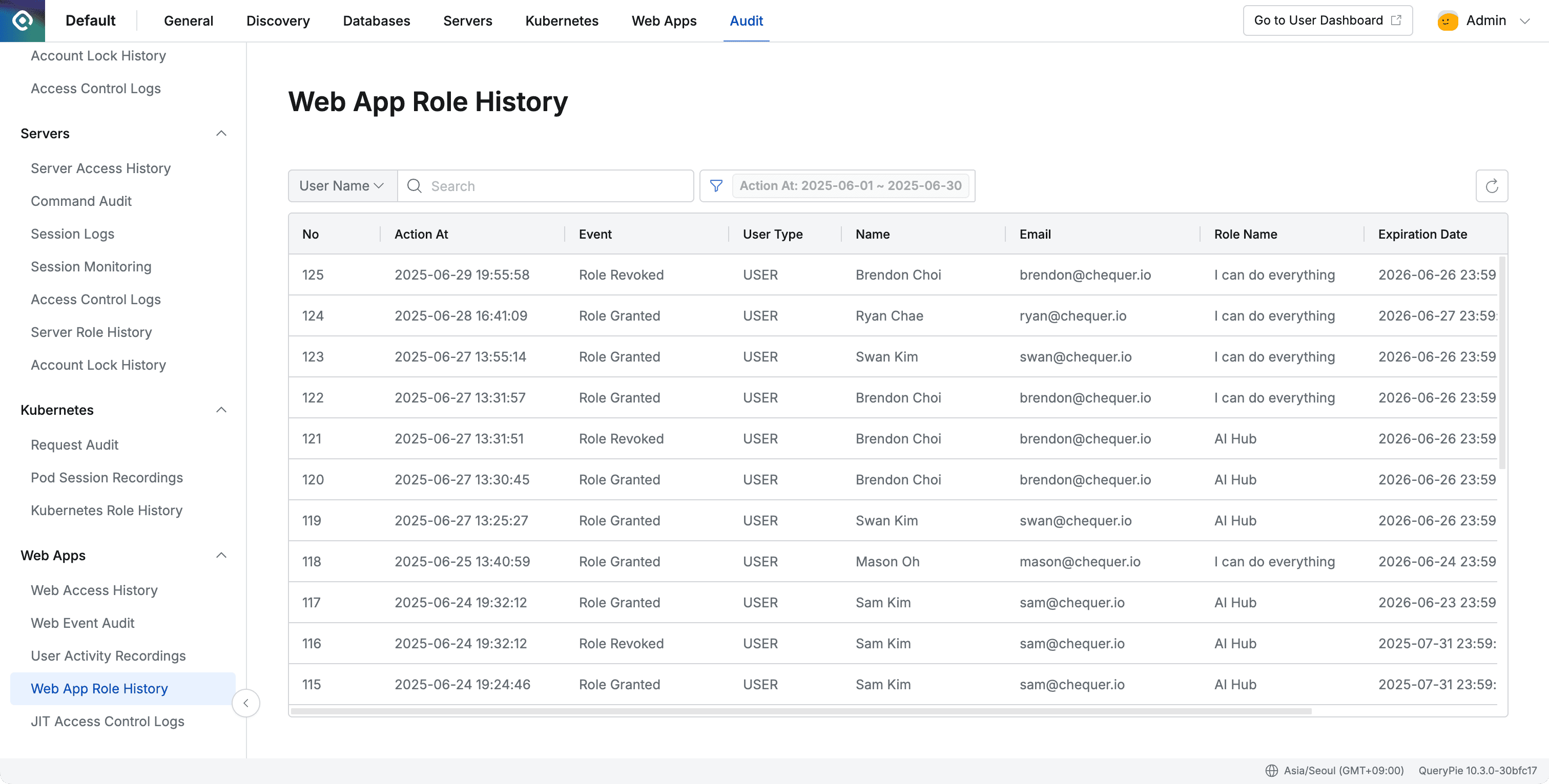 Administrator > Audit > Web Apps > Web App Role History