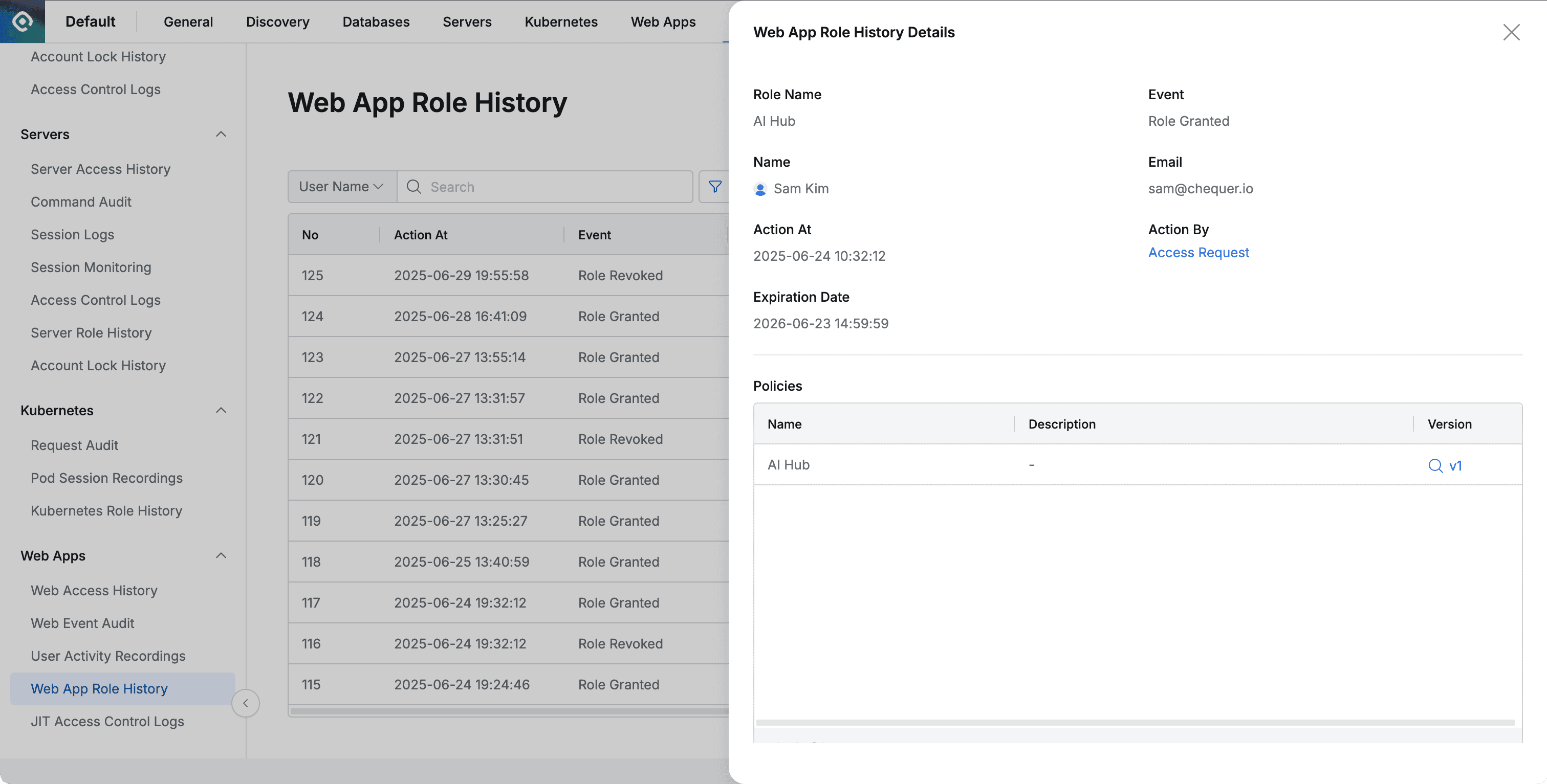 Administrator > Audit > Web Apps > Web App Role History > Web App Role History Details