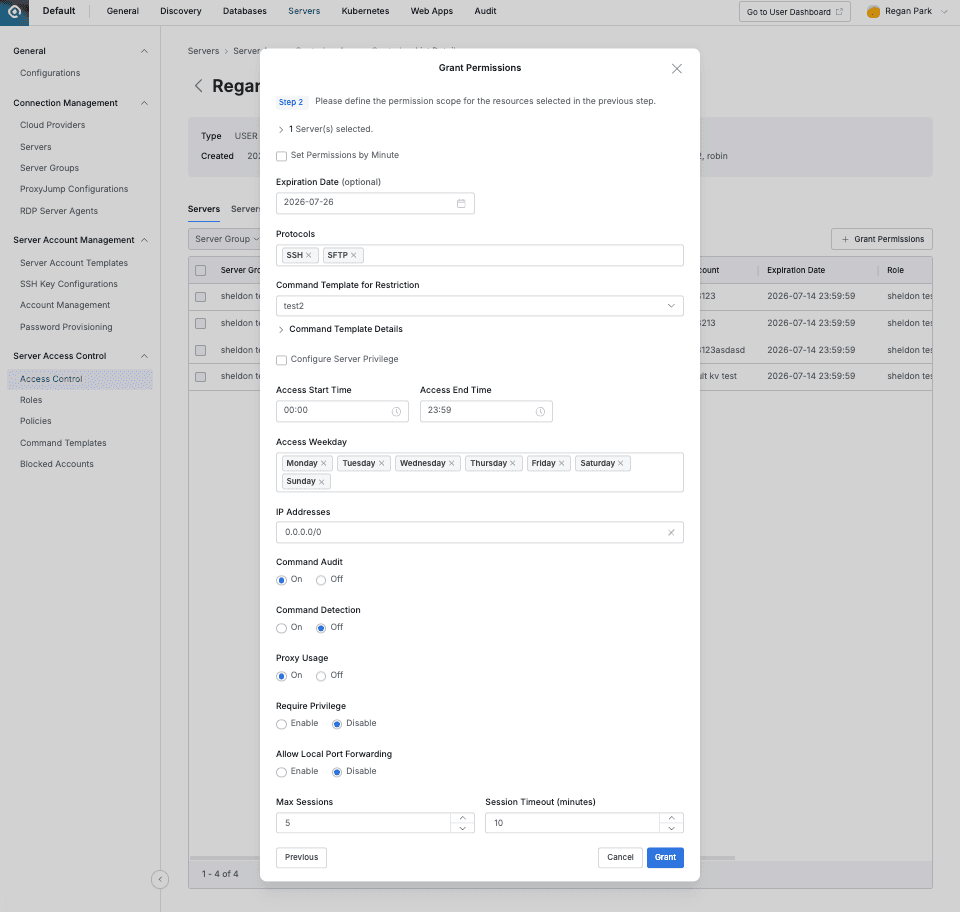Administrator > Servers > Server Access Control > Access Control > Details > Grant Permissions Step 2