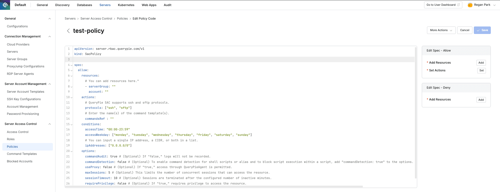 Administrator > Servers > Server Access Control > Policies > List Details > Go to Editor Mode