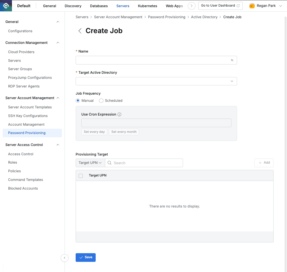 Administrator > Servers > Server Account Management > Password Provisioning > Active Directory tab > Create Job
