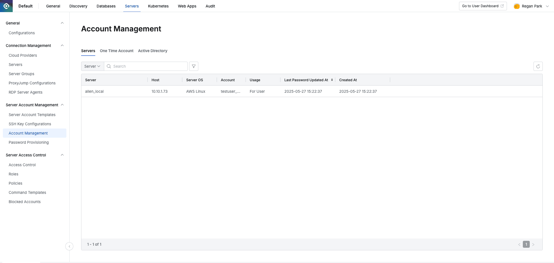 Administrator > Servers > Server Account Management > Account Management
