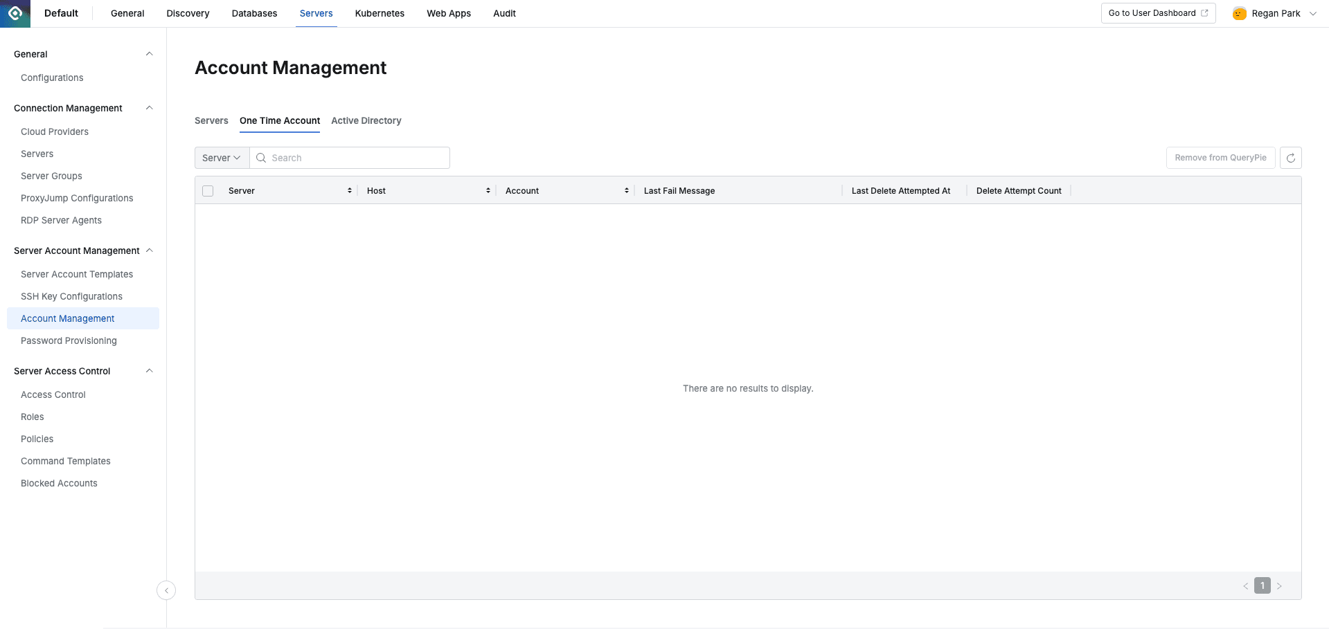 Administrator > Servers > Server Account Management > Account Management > One Time Accounts tab