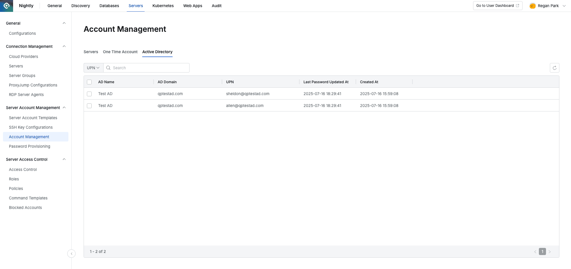 Administrator > Servers > Server Account Management > Account Management > Active Directory tab