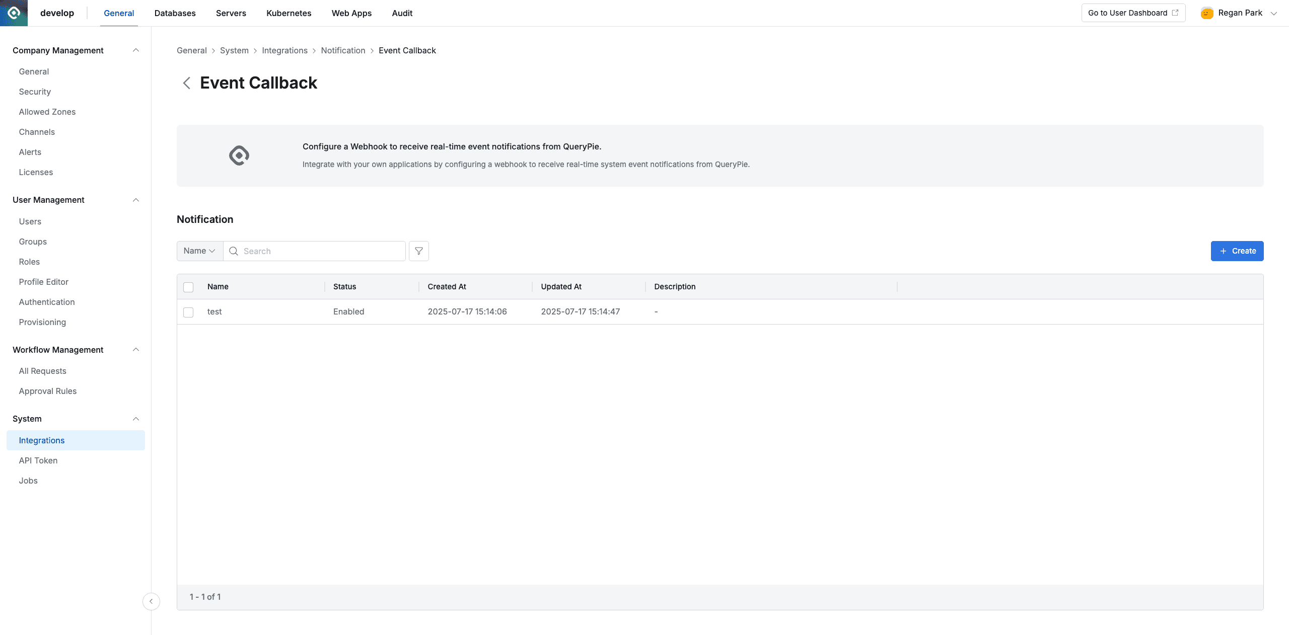 Event Callback Integration detail page