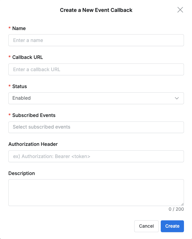 Event Callback settings popup dialog