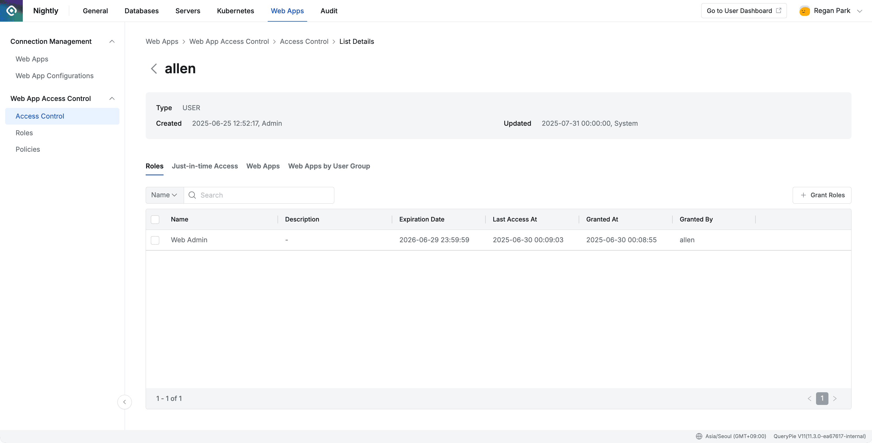 Administrator > Web Apps > Web App Access Control > Access Control > List Details