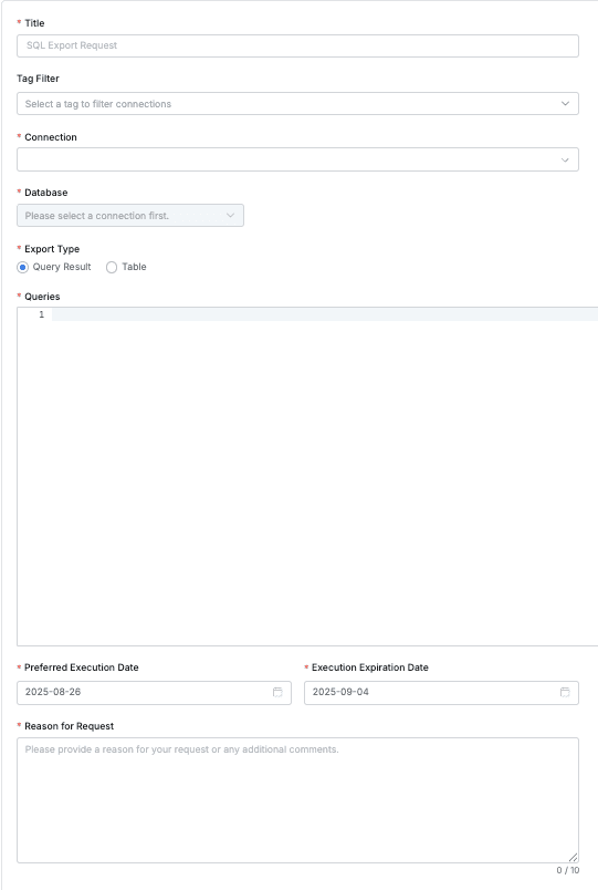 User > Workflow > Submit Request > SQL Export Request > Request Summary
