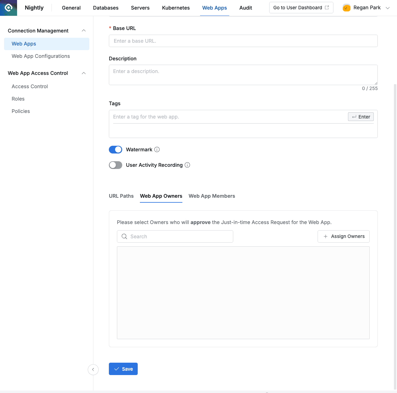 Administrator > Web Apps > Connection Management > Web Apps > Web App Owners