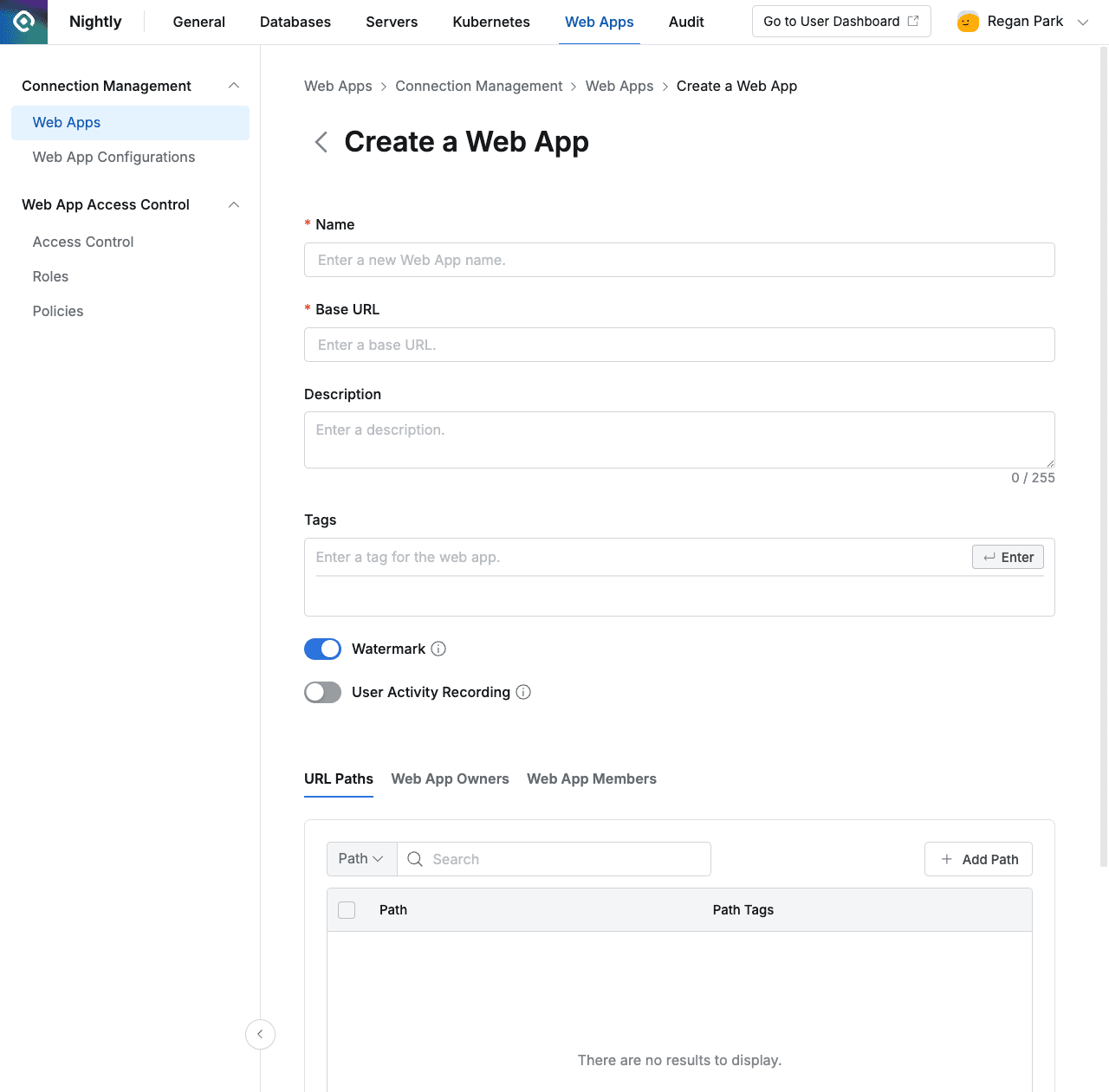 Administrator > Web Apps > Connection Management > Web Apps