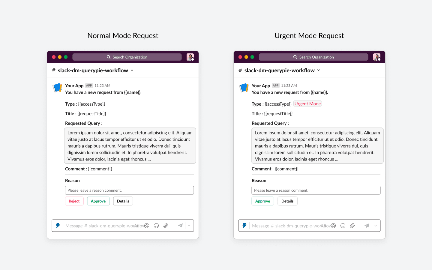 Normal Mode Approval Request Example (Left) / Post-Approval Mode Approval Request Example (Right)