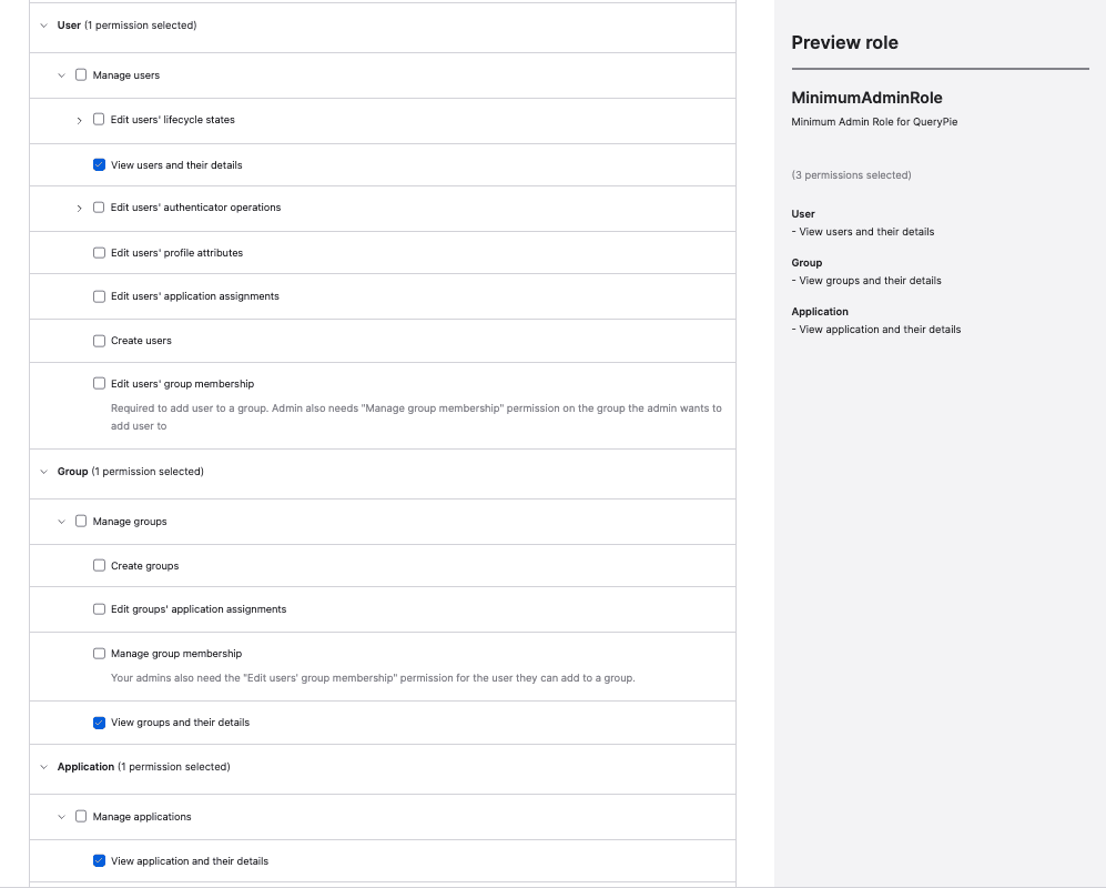 Okta Admin Console > Security > Administrators > Roles > Create new role