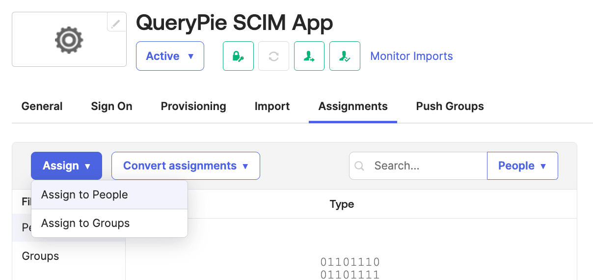 Okta Admin Console > Applications > Applications > Custom SCIM App > Assignments