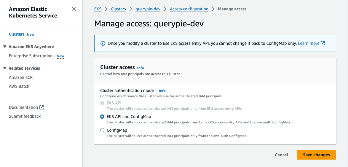 AWS Console > EKS > Clusters > {cluster} > Access > Access configuration > Manage access