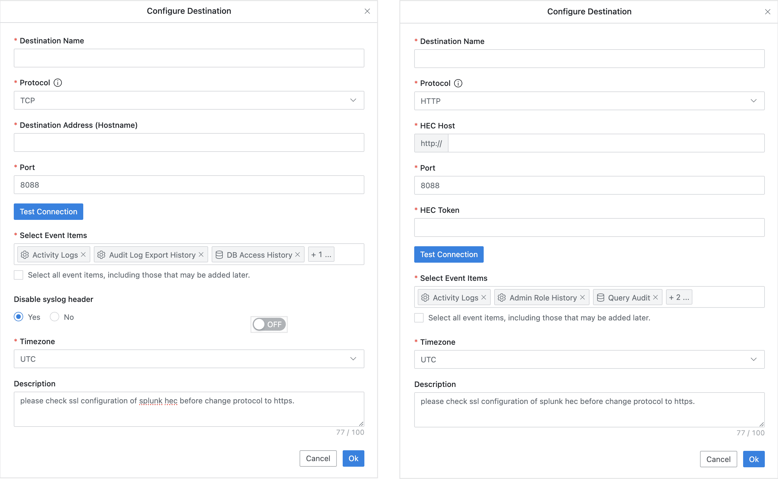 (Left) TCP / UDP Settings Screen (Right) HTTP / HTTPS Settings Screen
