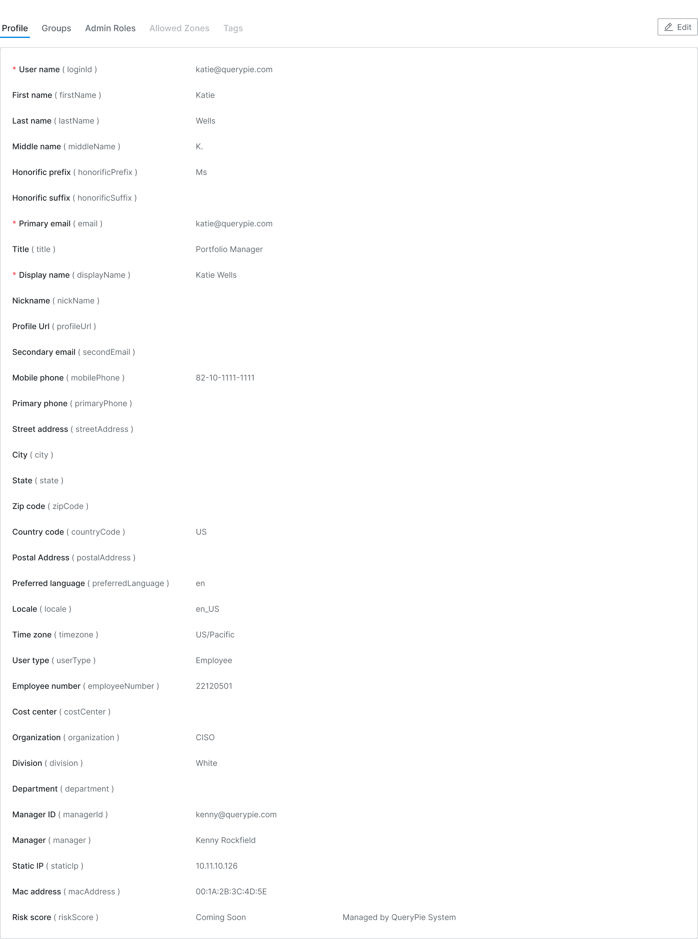 Administrator > General > User Management > Users > List Details > Profile 탭