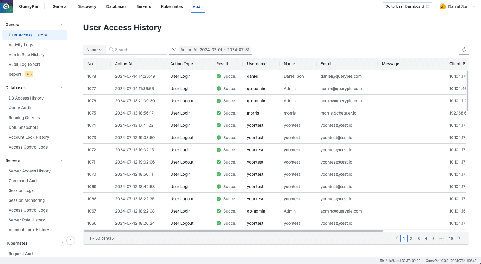 Administrator > Audit > General > User Access History