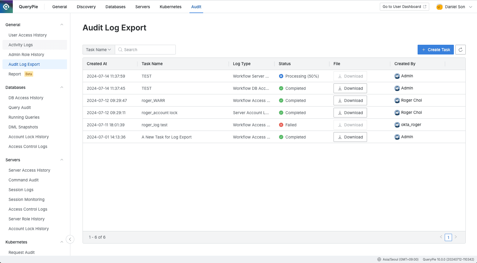 Administrator > Audit > General > Audit Log Export