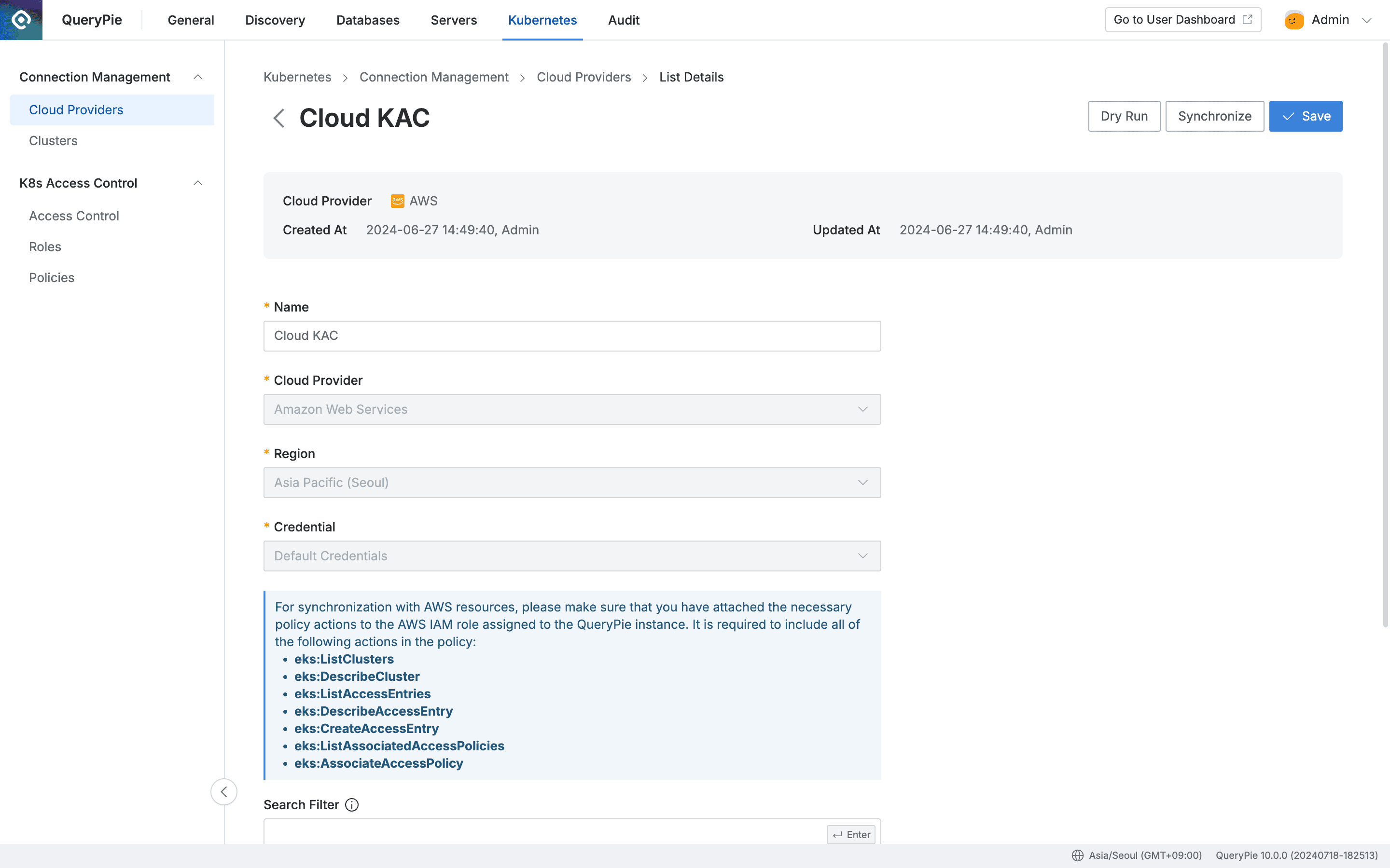 Administrator > Kubernetes > Connection Management > Cloud Providers > List Details