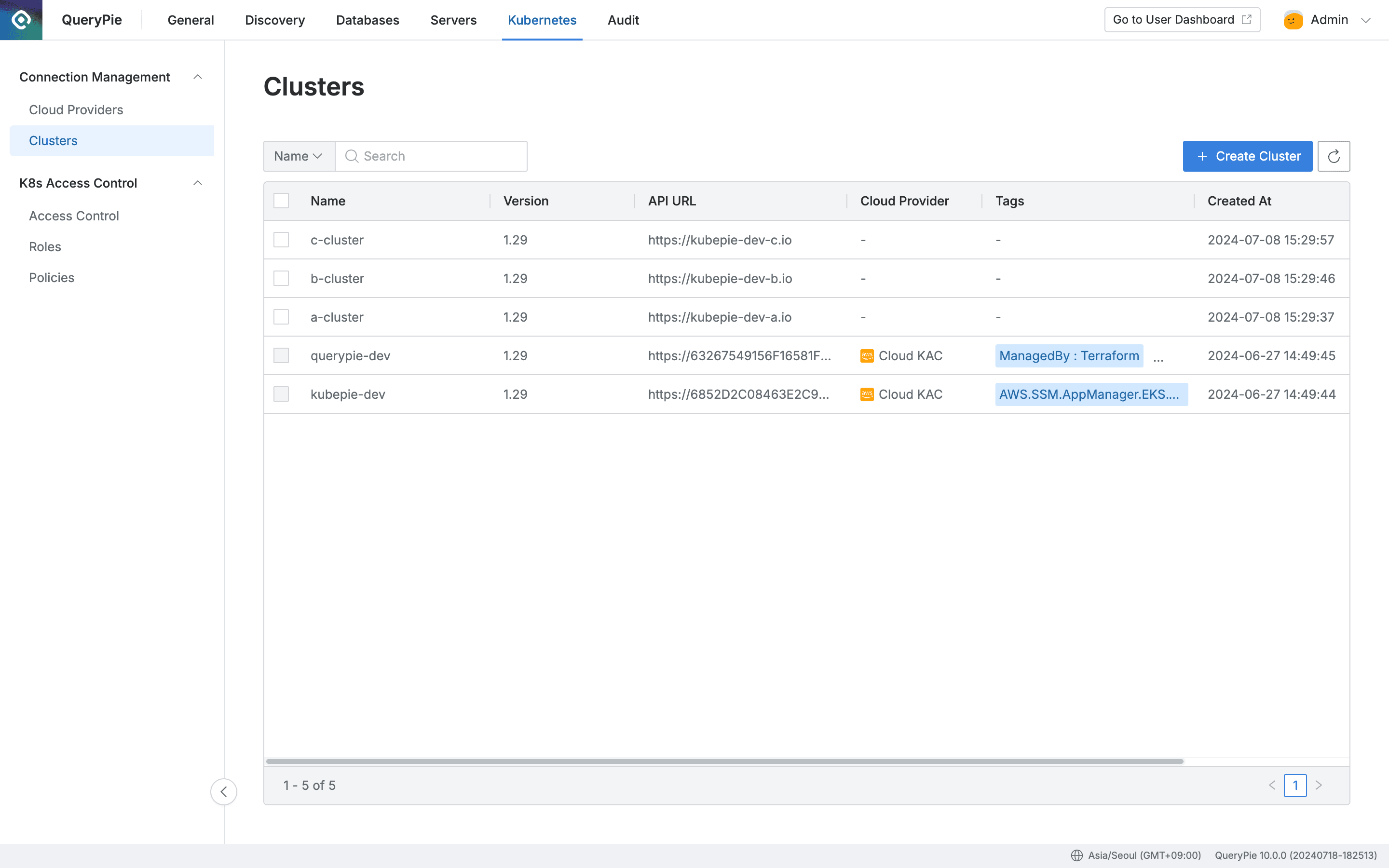 Administrator > Kubernetes > Connection Management > Clusters