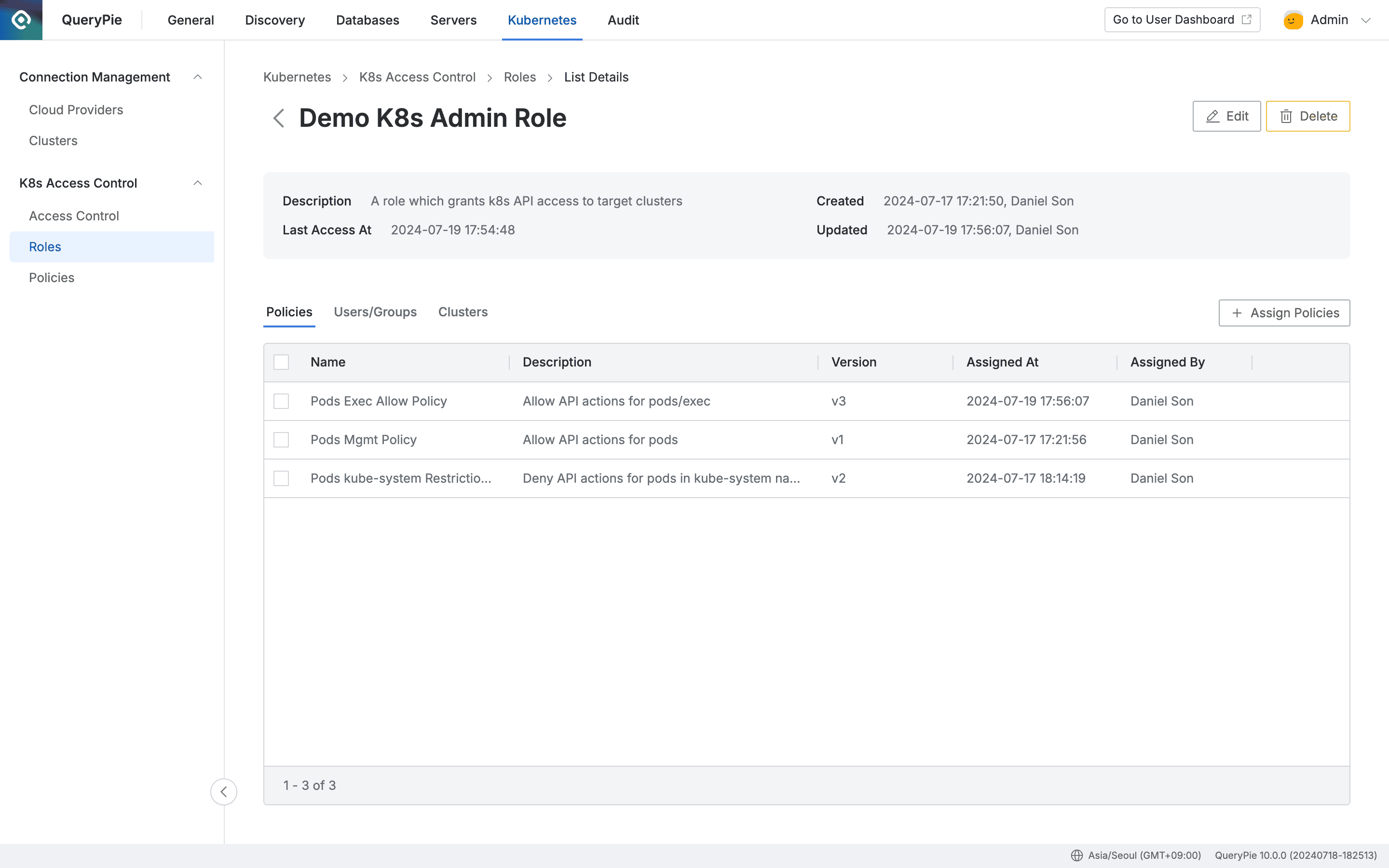 Administrator > Kubernetes > K8s Access Control > Roles > List Details