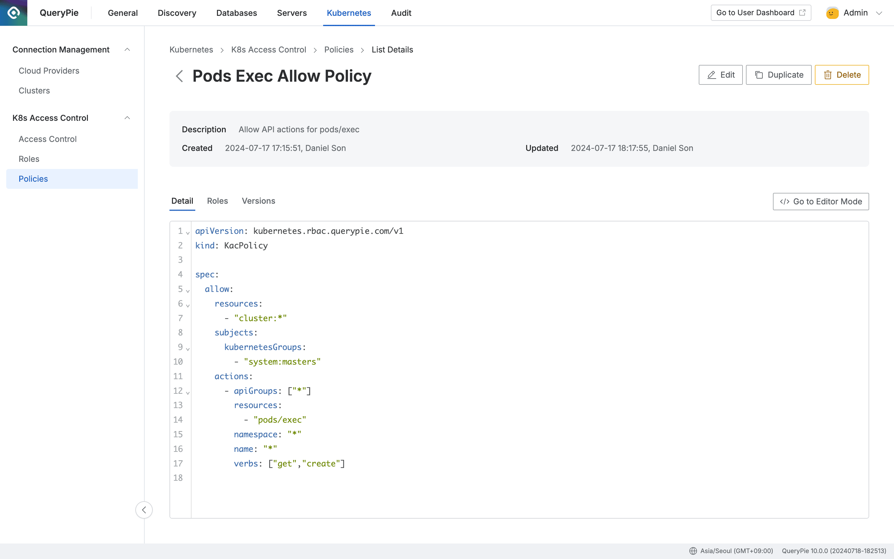 Administrator > Kubernetes > K8s Access Control > Policies > List Details
