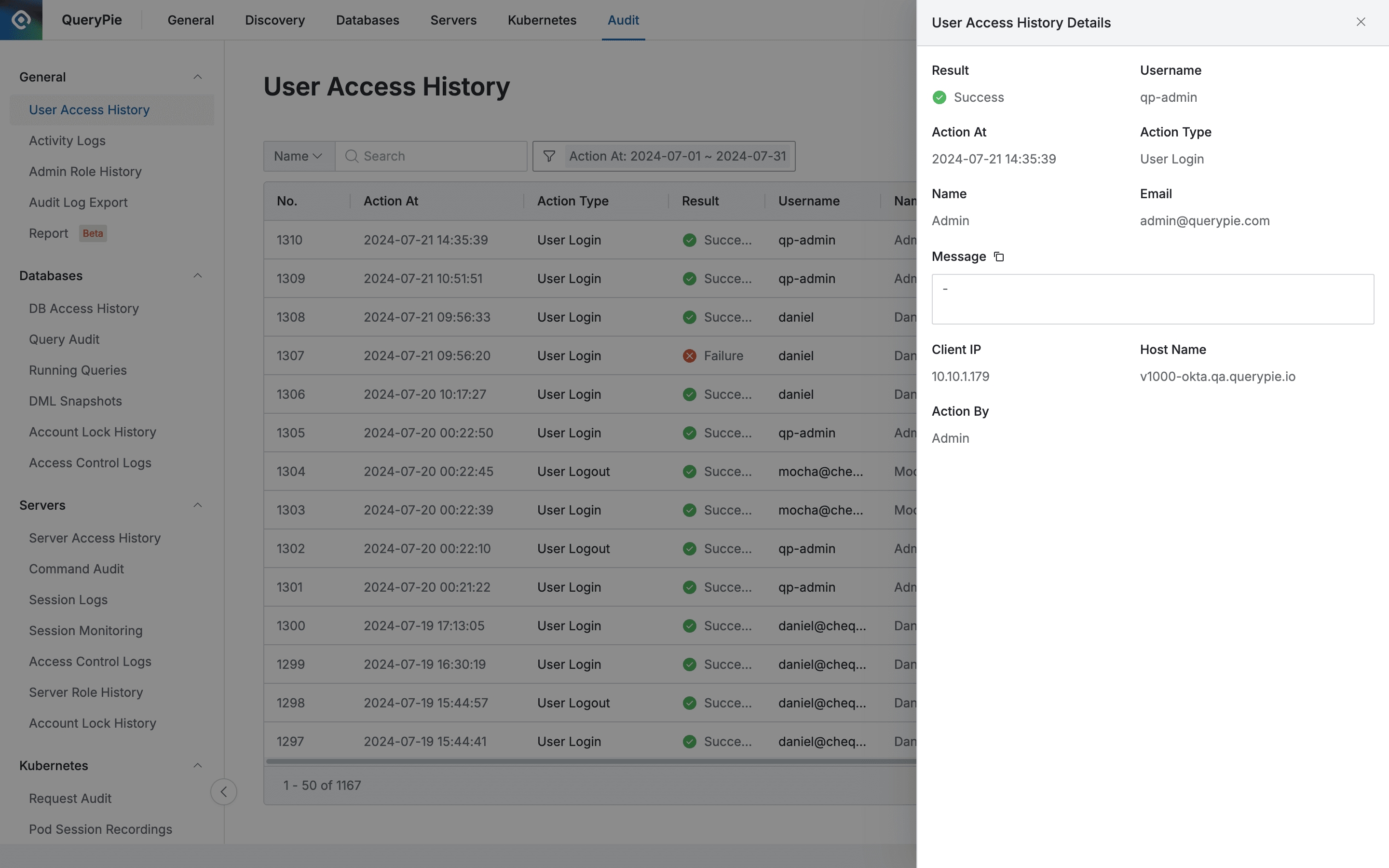 Administrator > Audit > General > User Access History > Details