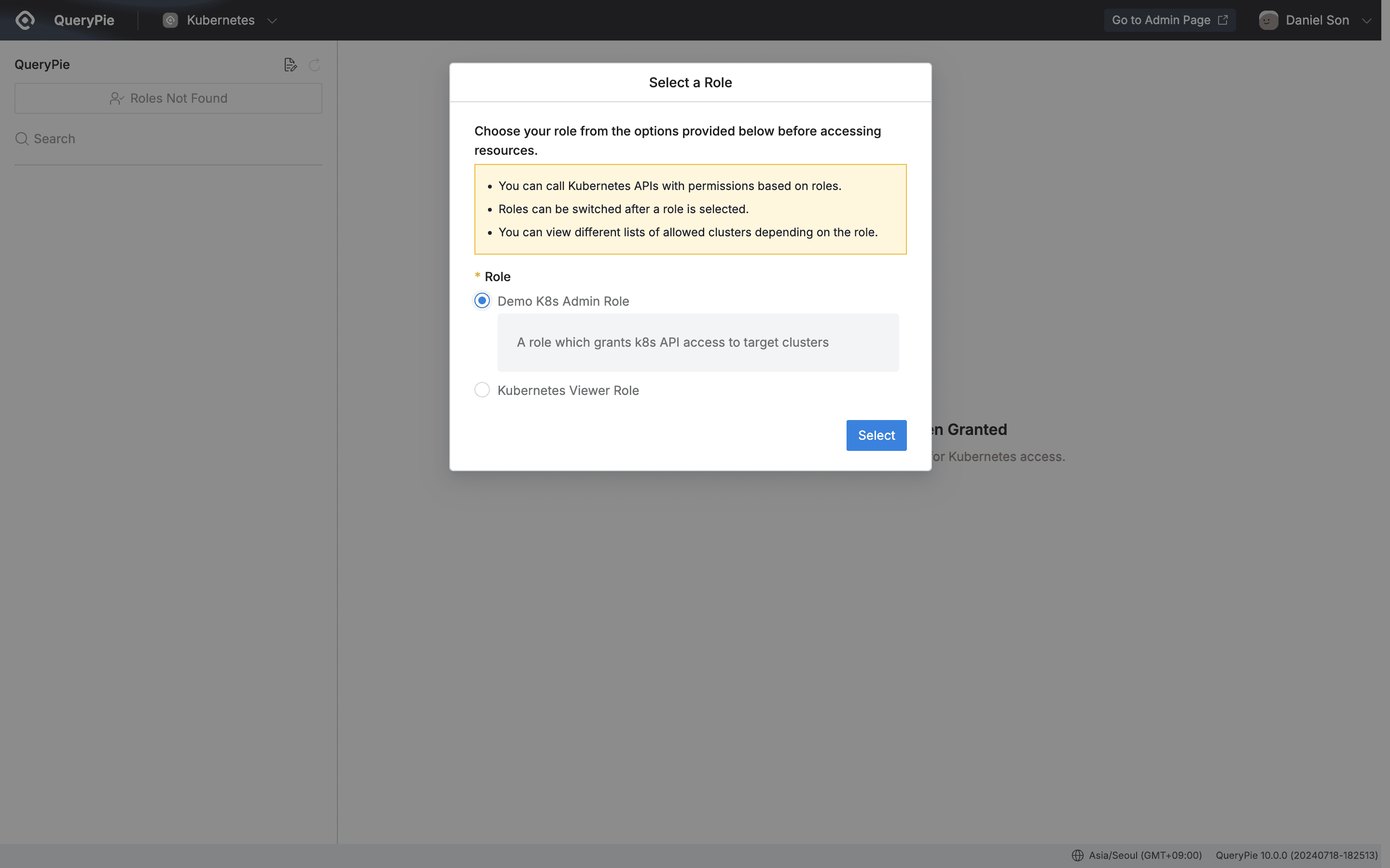 QueryPie Web > Kubernetes Access Control > Kuber > Select a Role