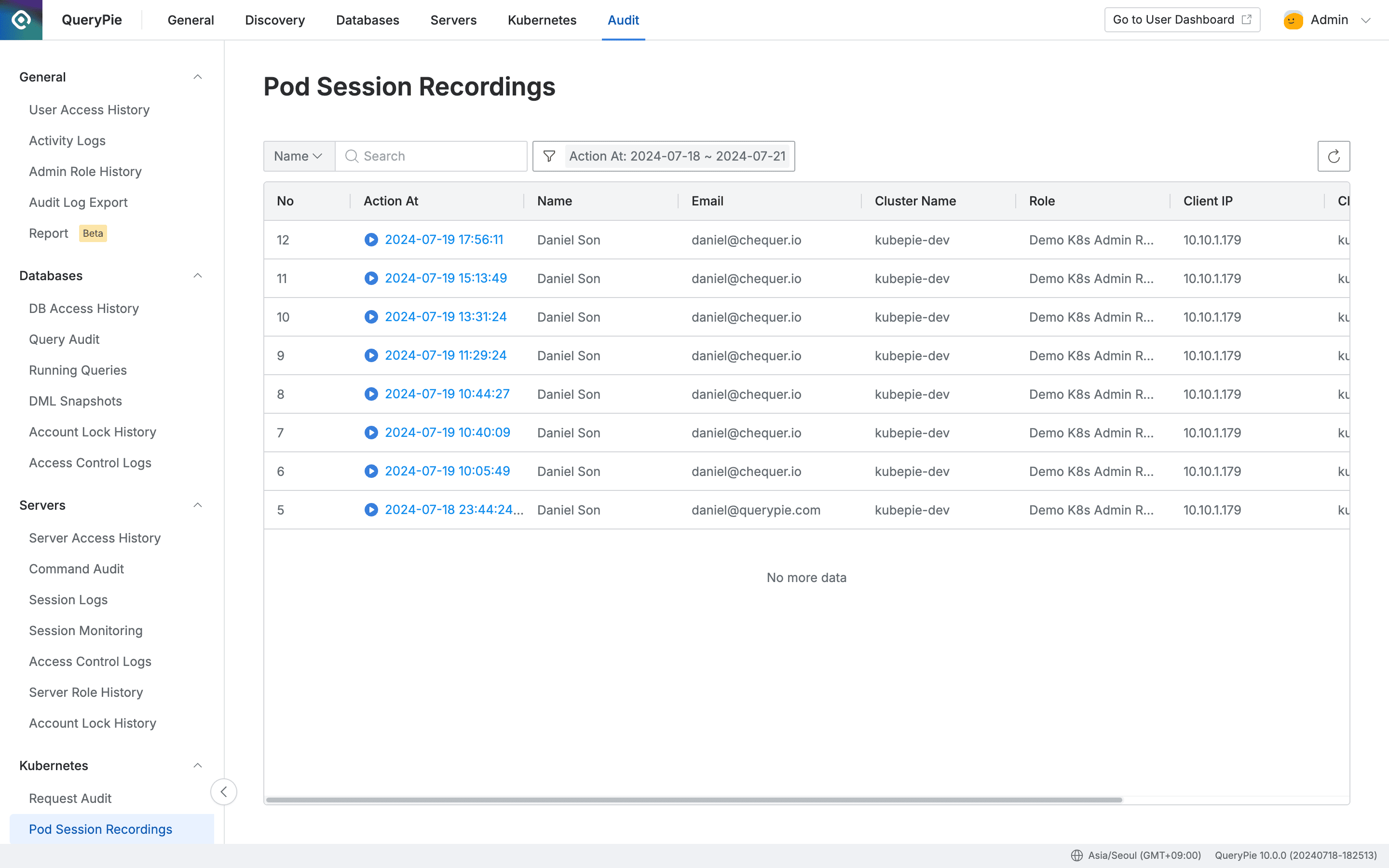 Administrator > Audit > Kubernetes > Pod Session Recordings
