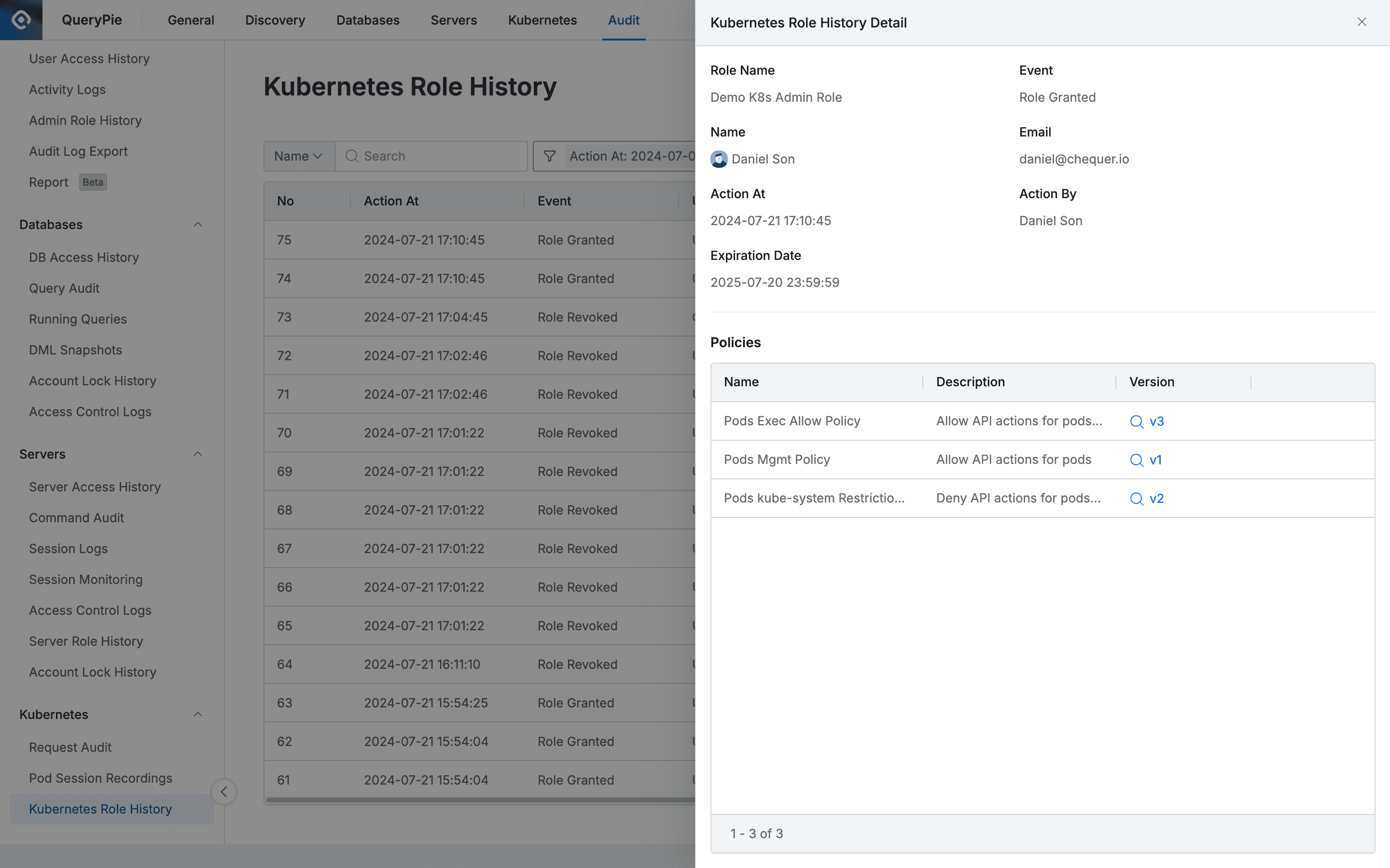 Administrator > Audit > Kubernetes > Kubernetes Role History > Kubernetes Role History Details