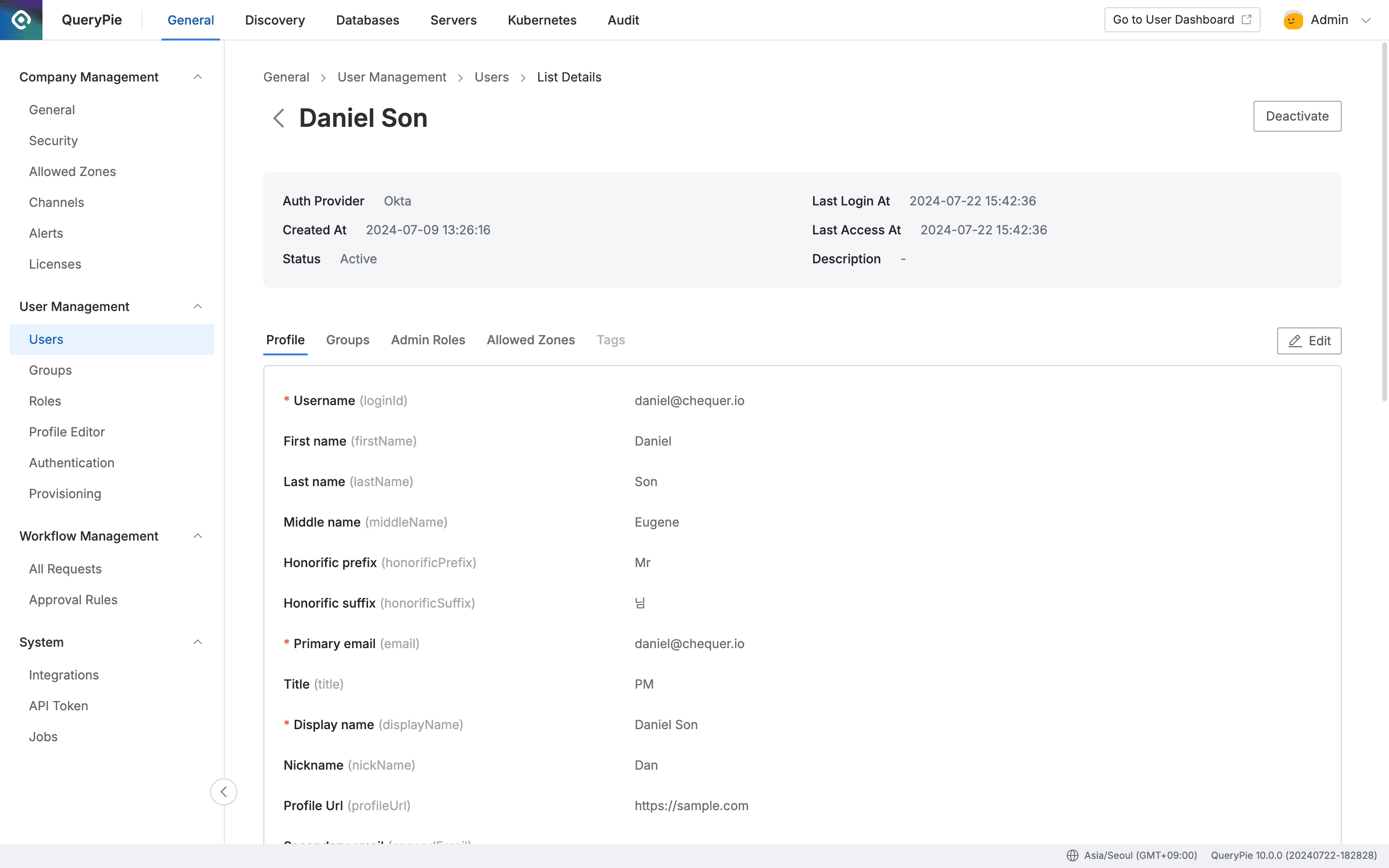 Administrator > General > User Management > Users > List Details