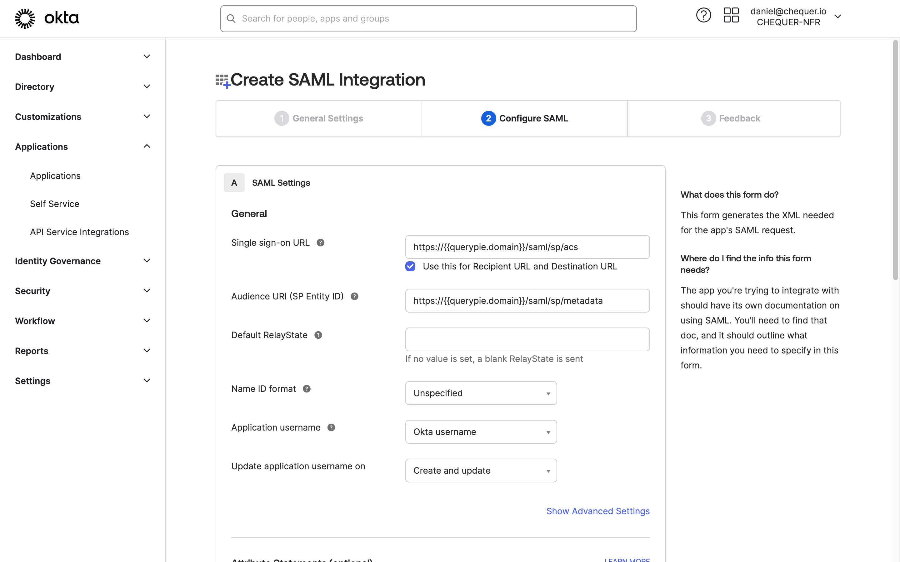 Okta Admin Console > Applications > Applications > Create App Integration > SAML 2.0 > Configure SAML