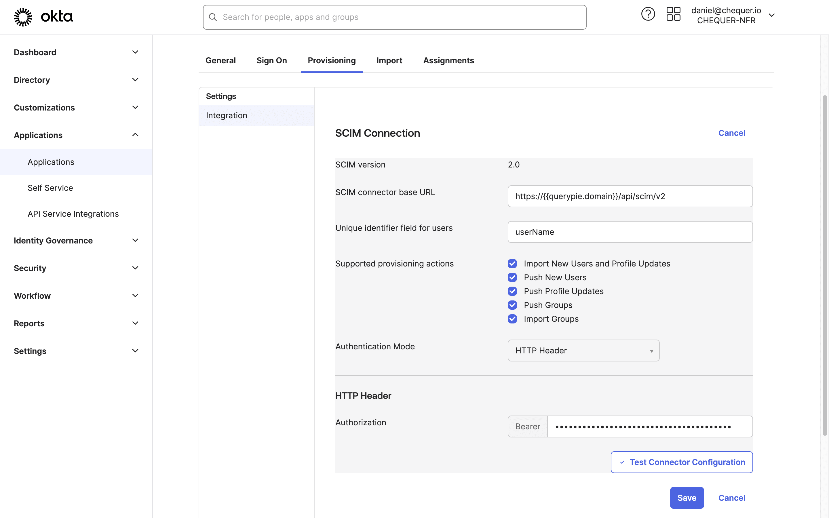 Okta Admin Console > Applications > Applications > Custom SCIM App > Provisioning > Integration