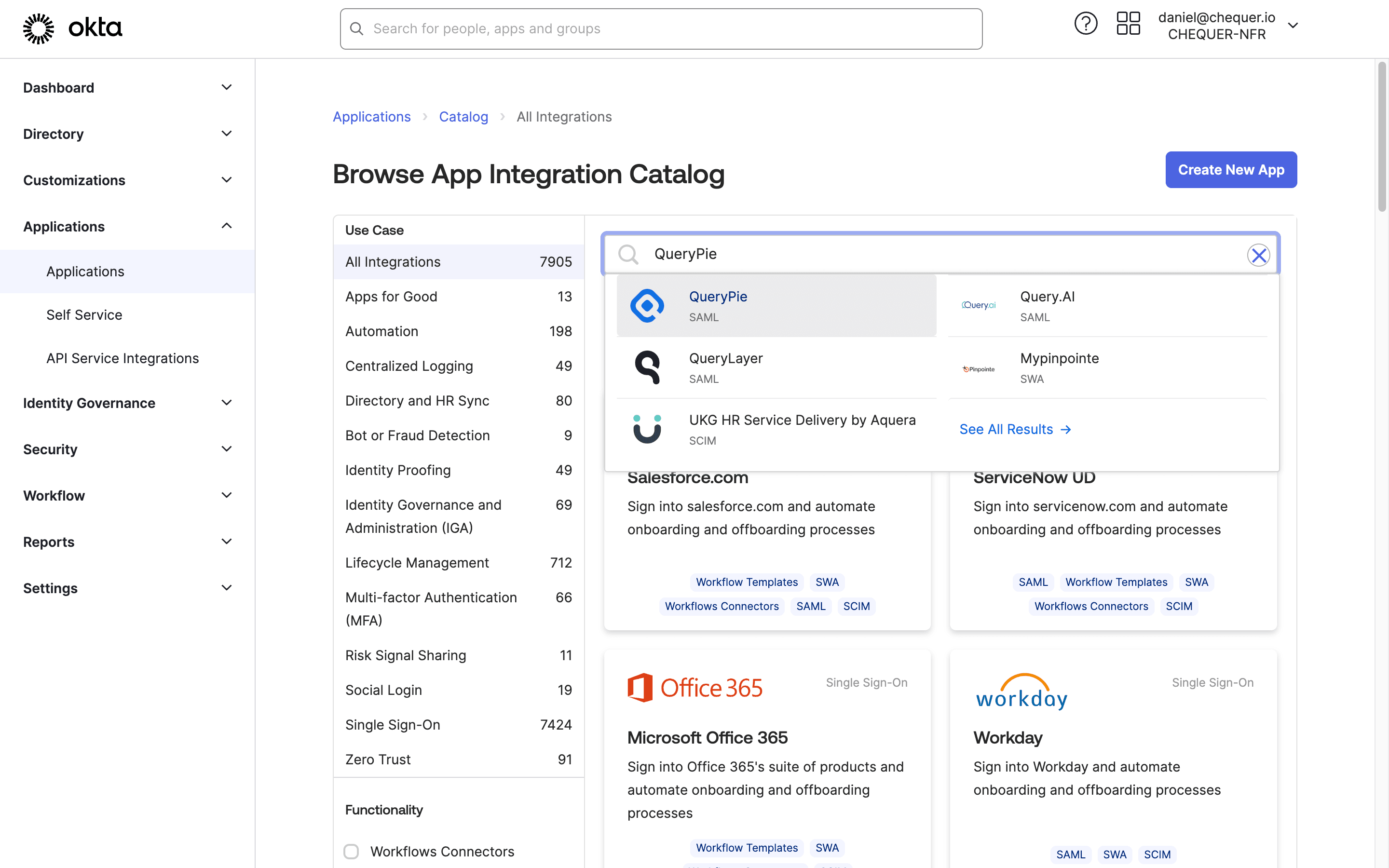 Okta Admin > Applications > Applications > Browse App Catalog > QueryPie 검색