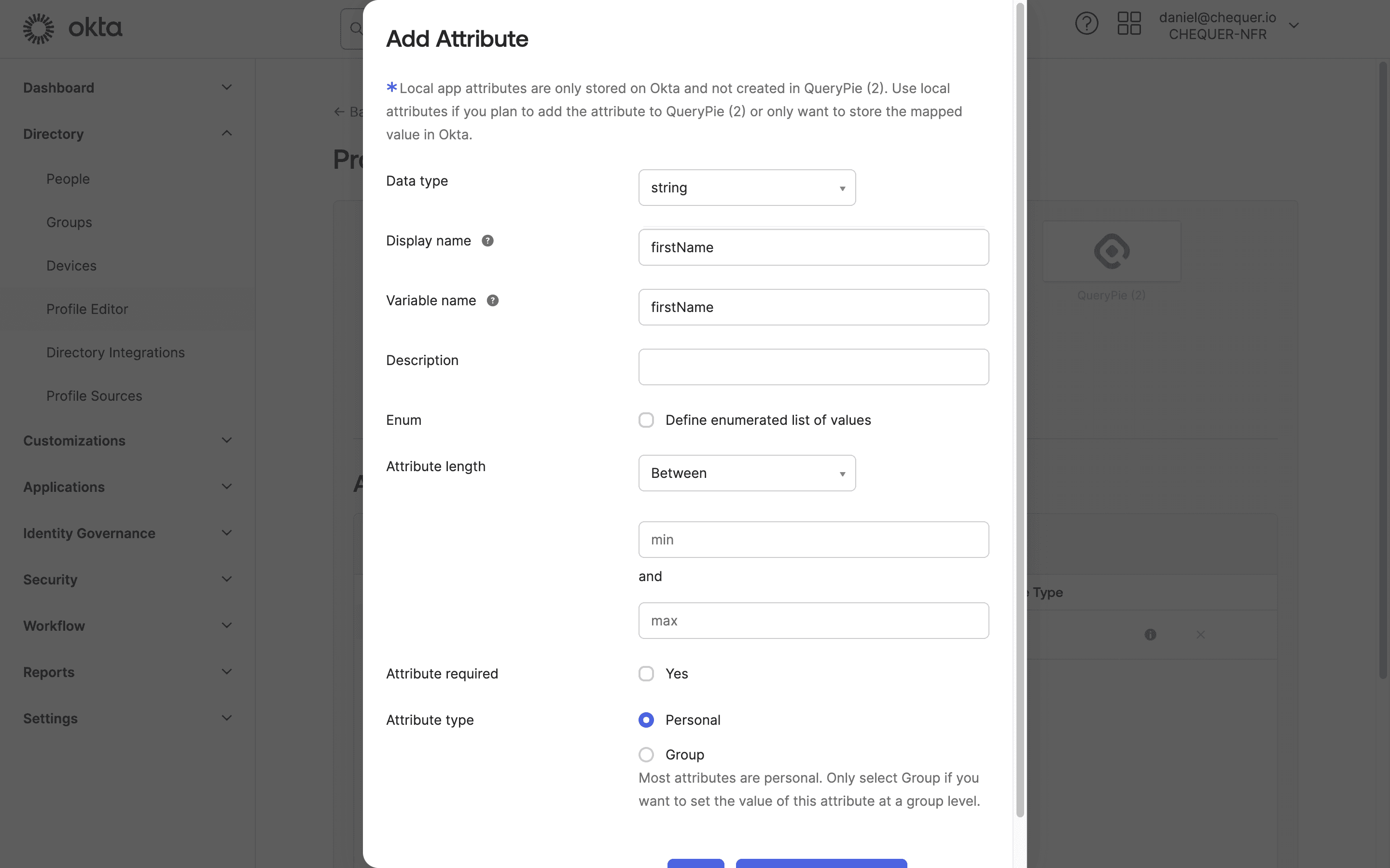 Okta Admin > Directory > Profile Editor > QueryPie User > Add Attribute