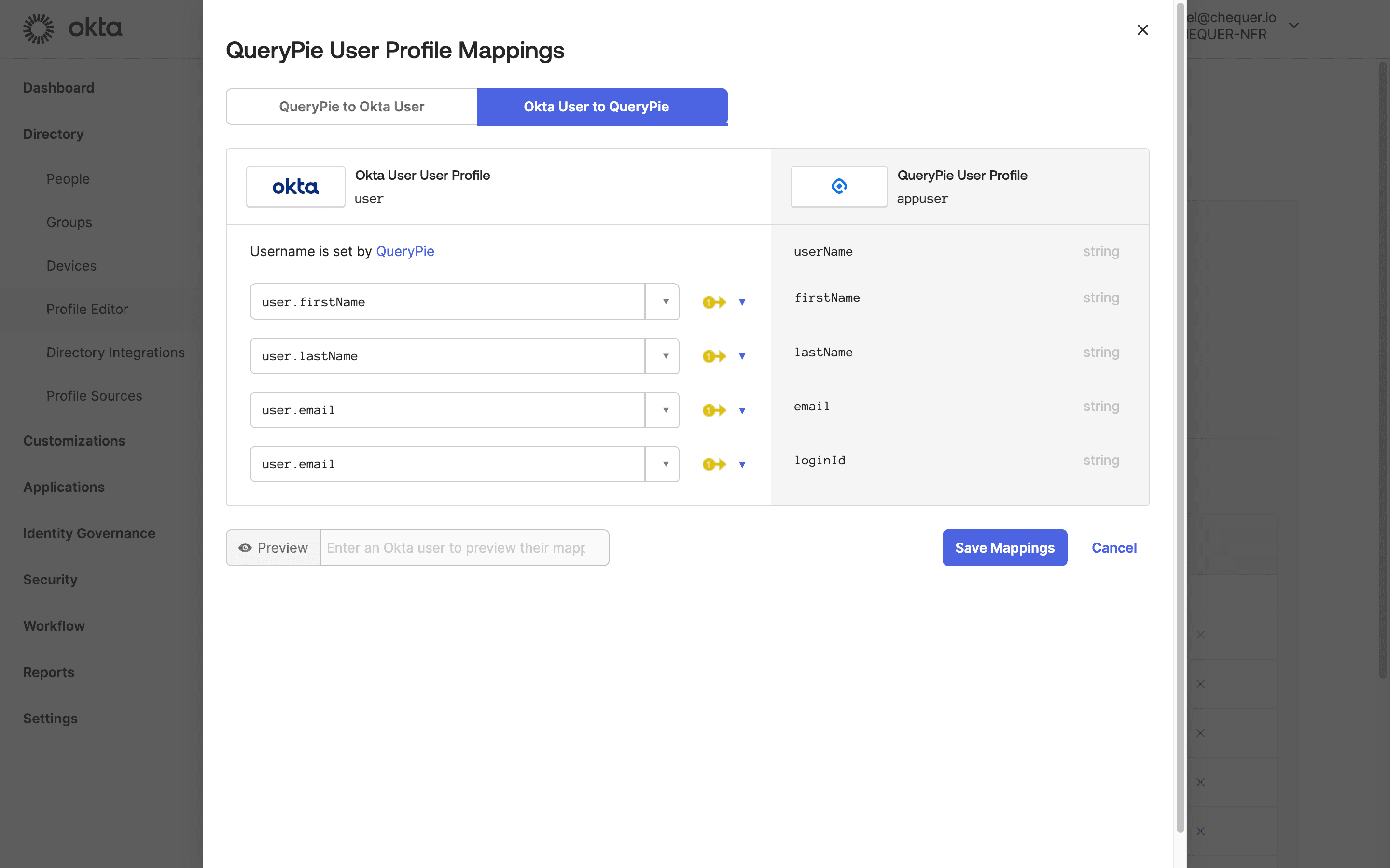 Okta Admin > Directory > Profile Editor > QueryPie User > Mappings
