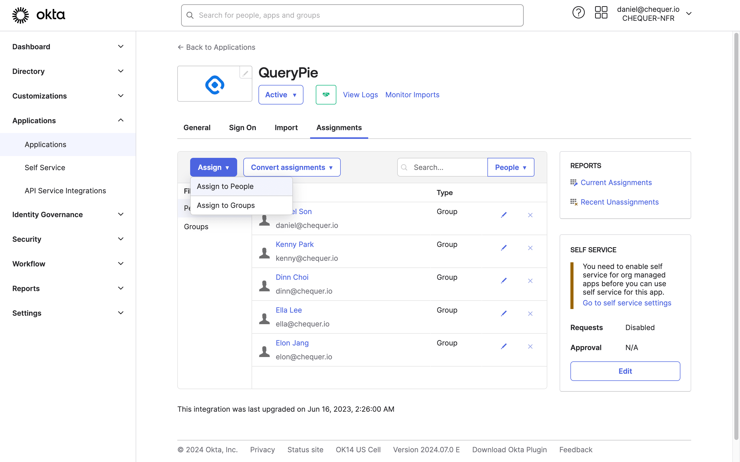 Okta Admin > Applications > Applications > QueryPie App