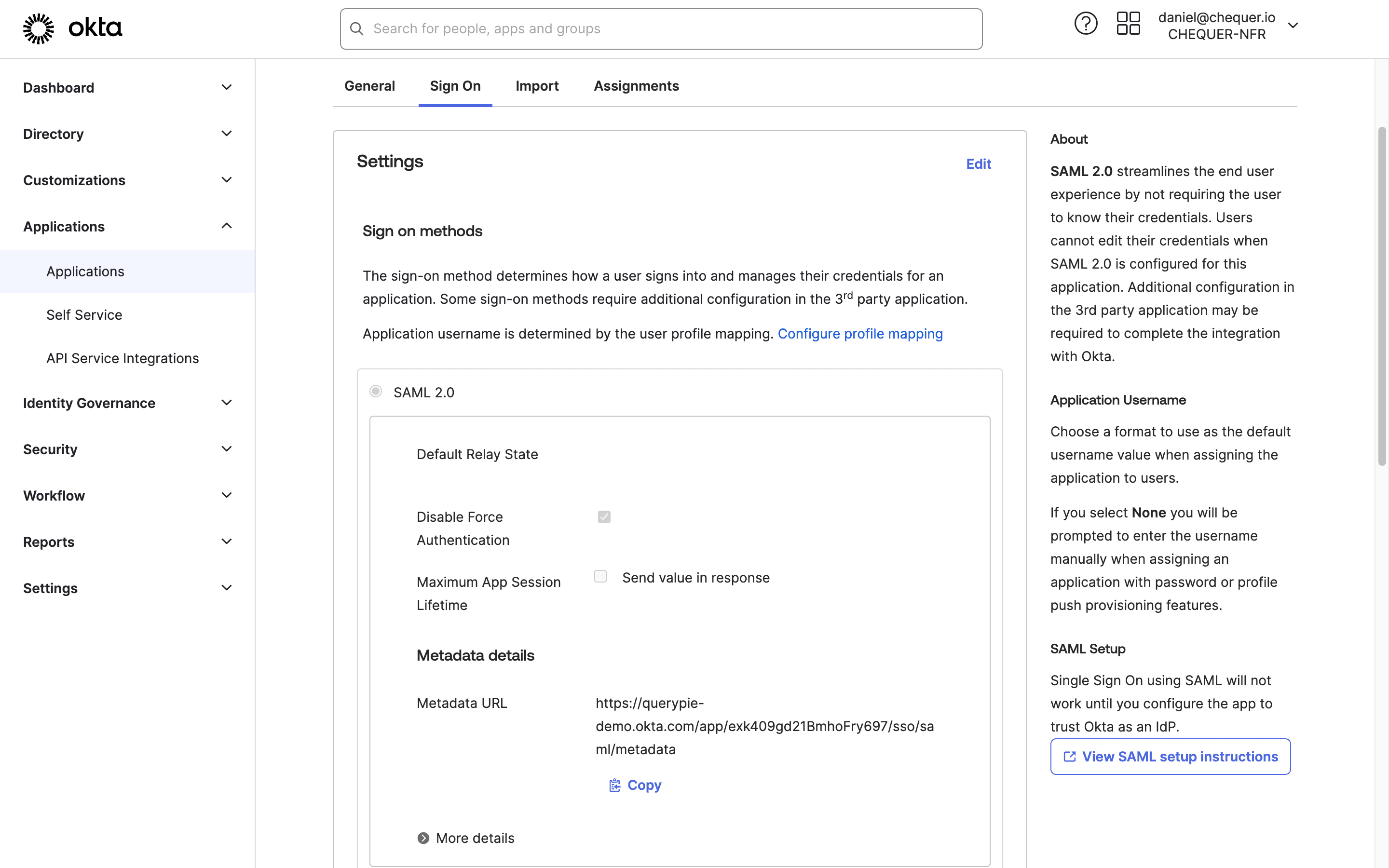 Okta Admin > Applications > Applications > QueryPie App