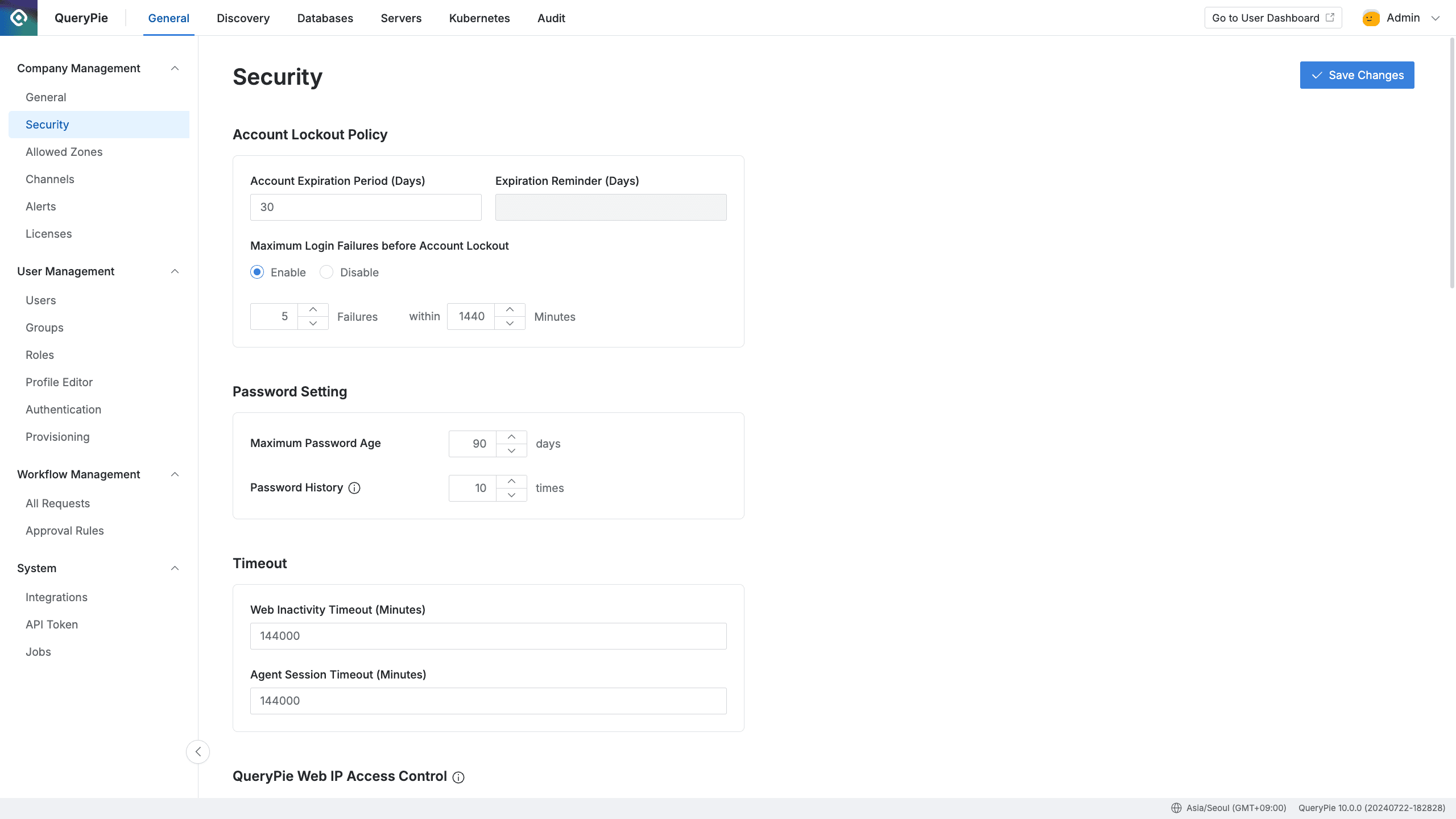 Administrator > General > Company Management > Security