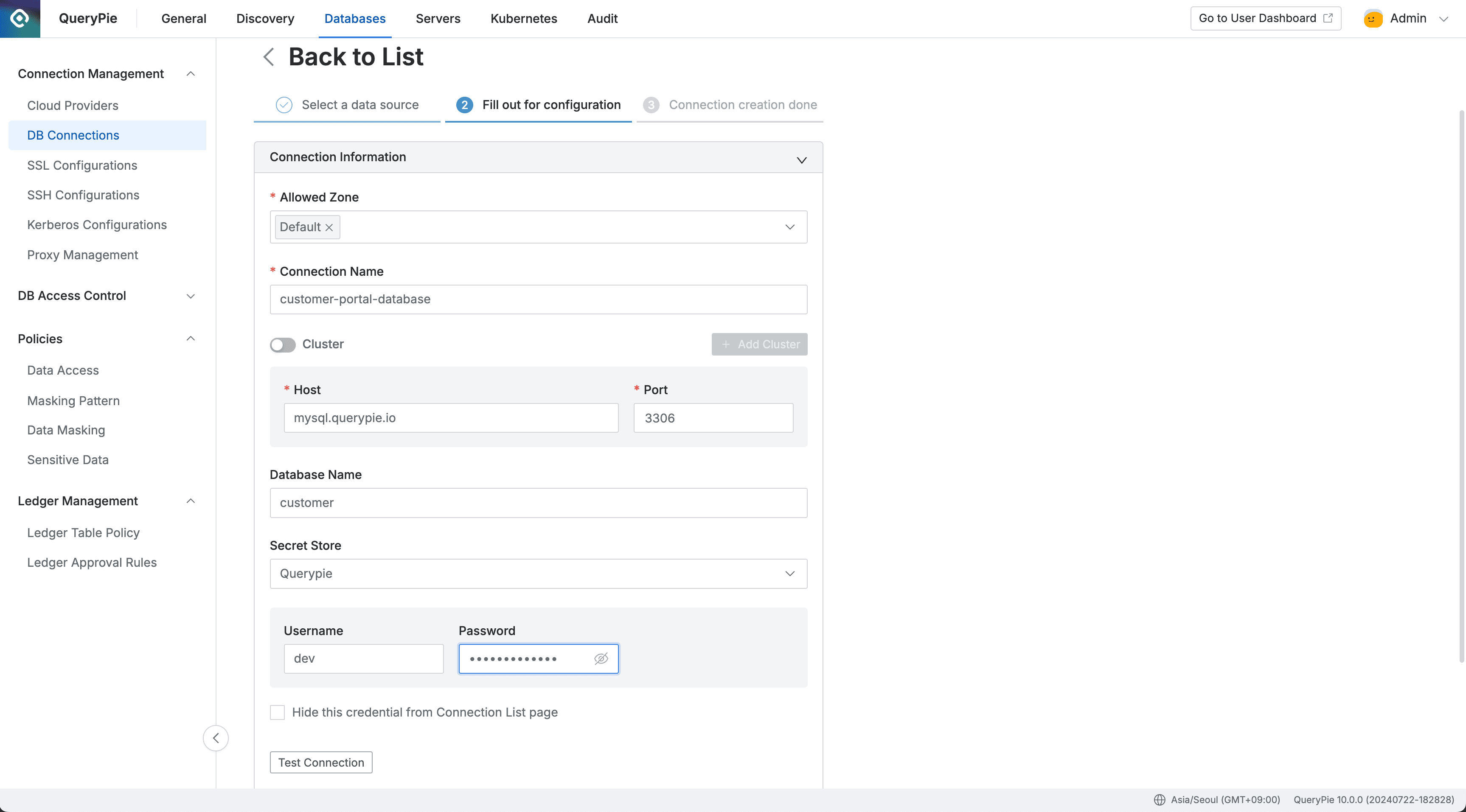Administrator > Databases > Connection Management > DB Connections > Create Connection
