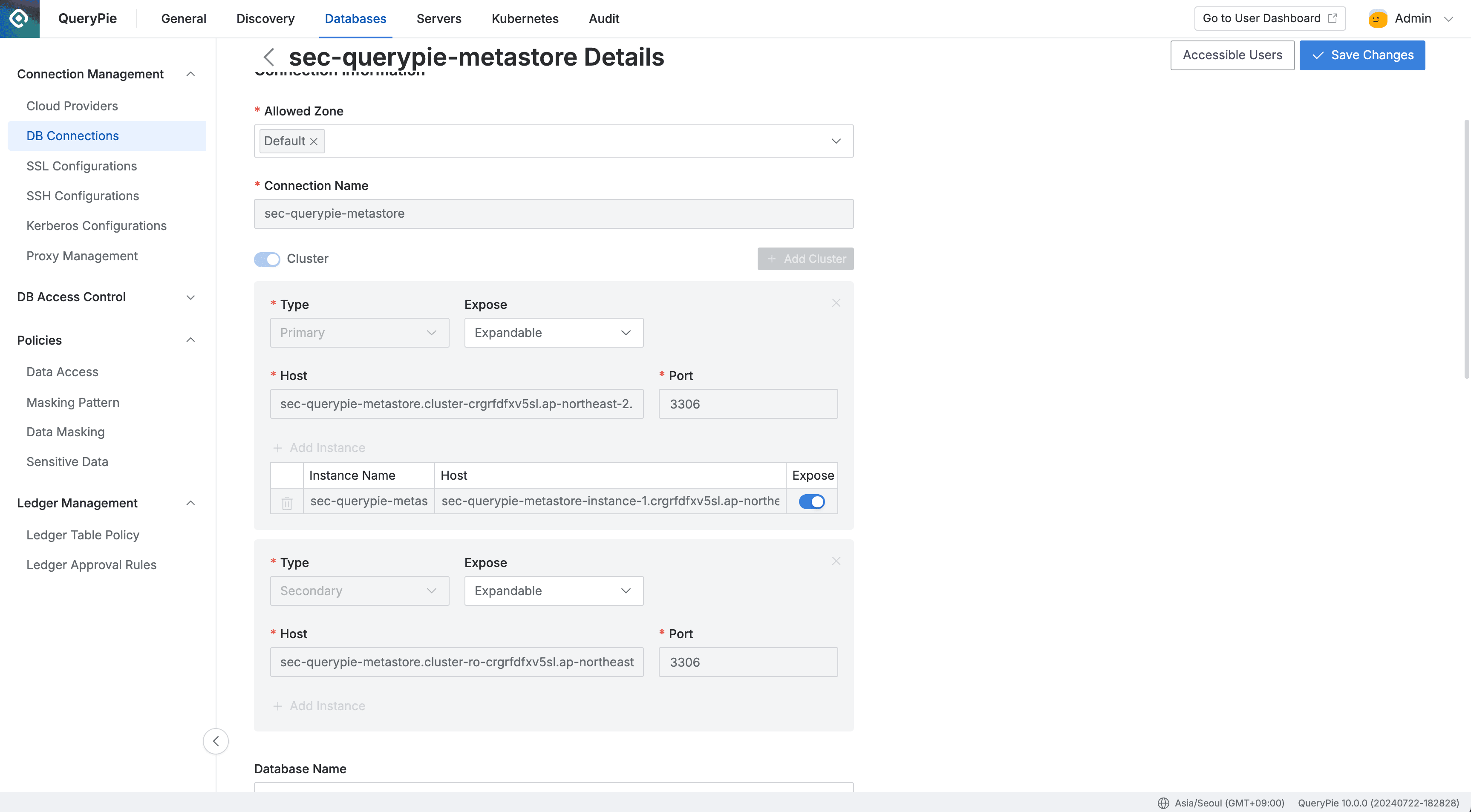 Administrator > Databases > Connection Management > DB Connections > List Details