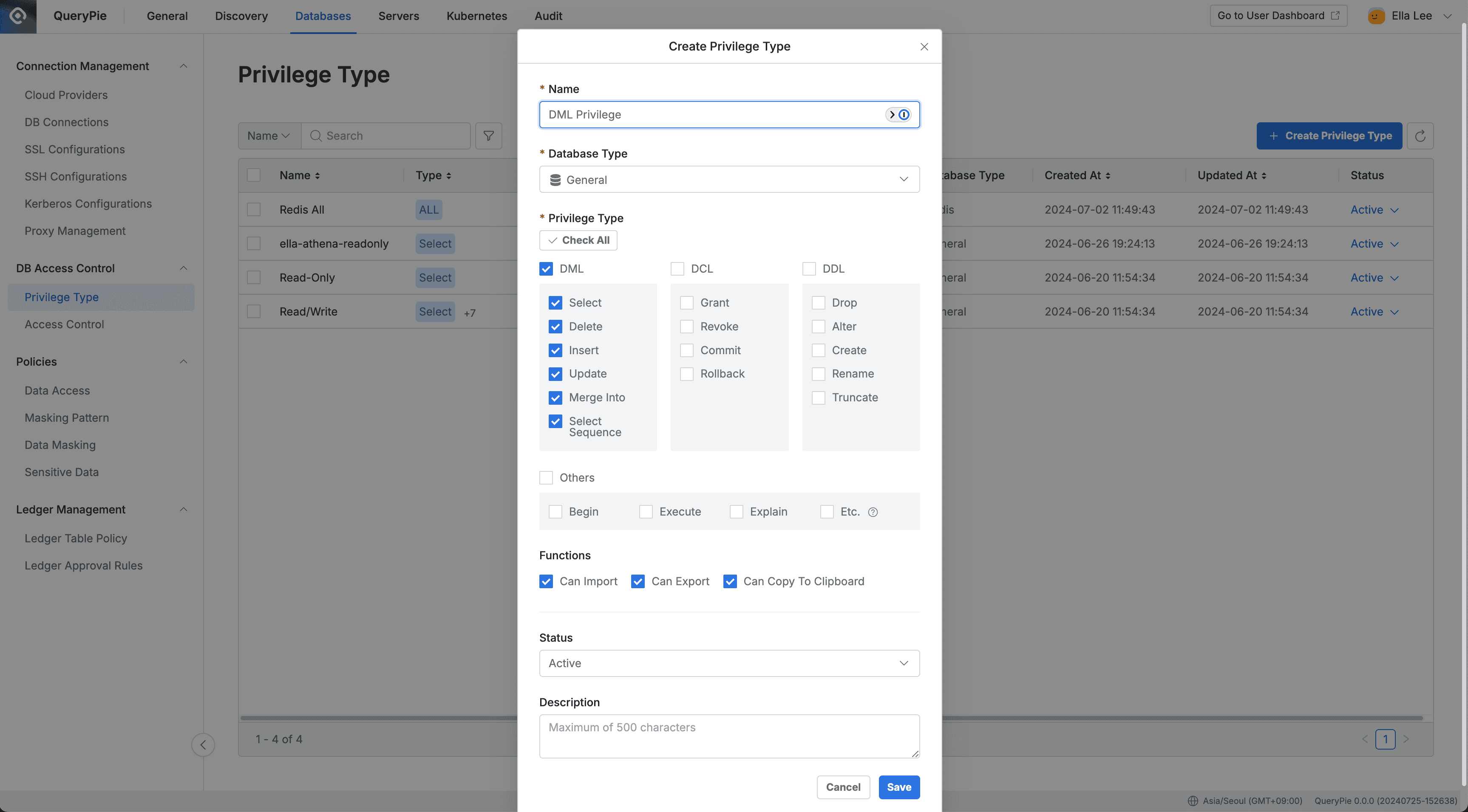 Administrator > Databases > DB Access Control > Privilege Type