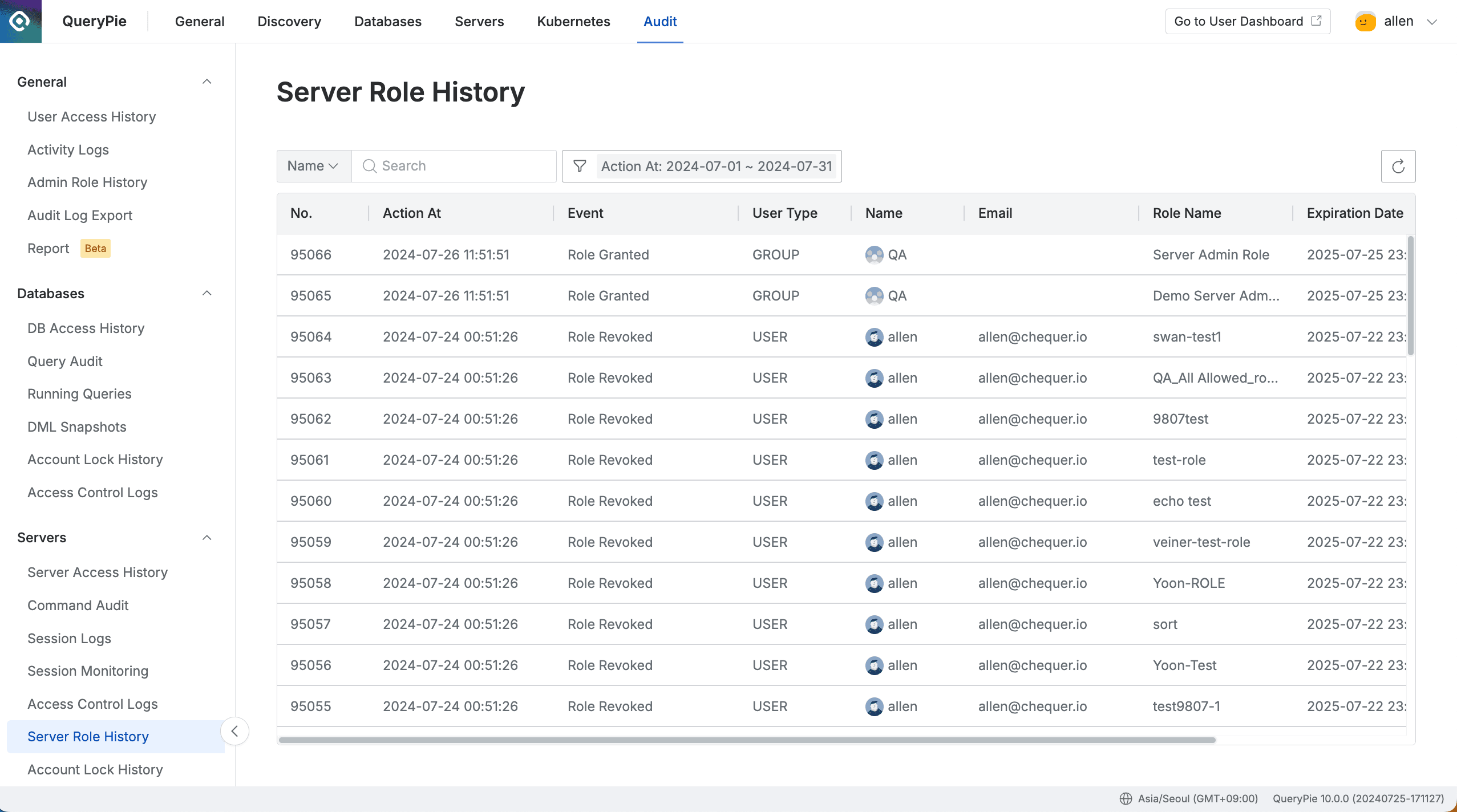 Administrator > Audit > Servers > Server Role History