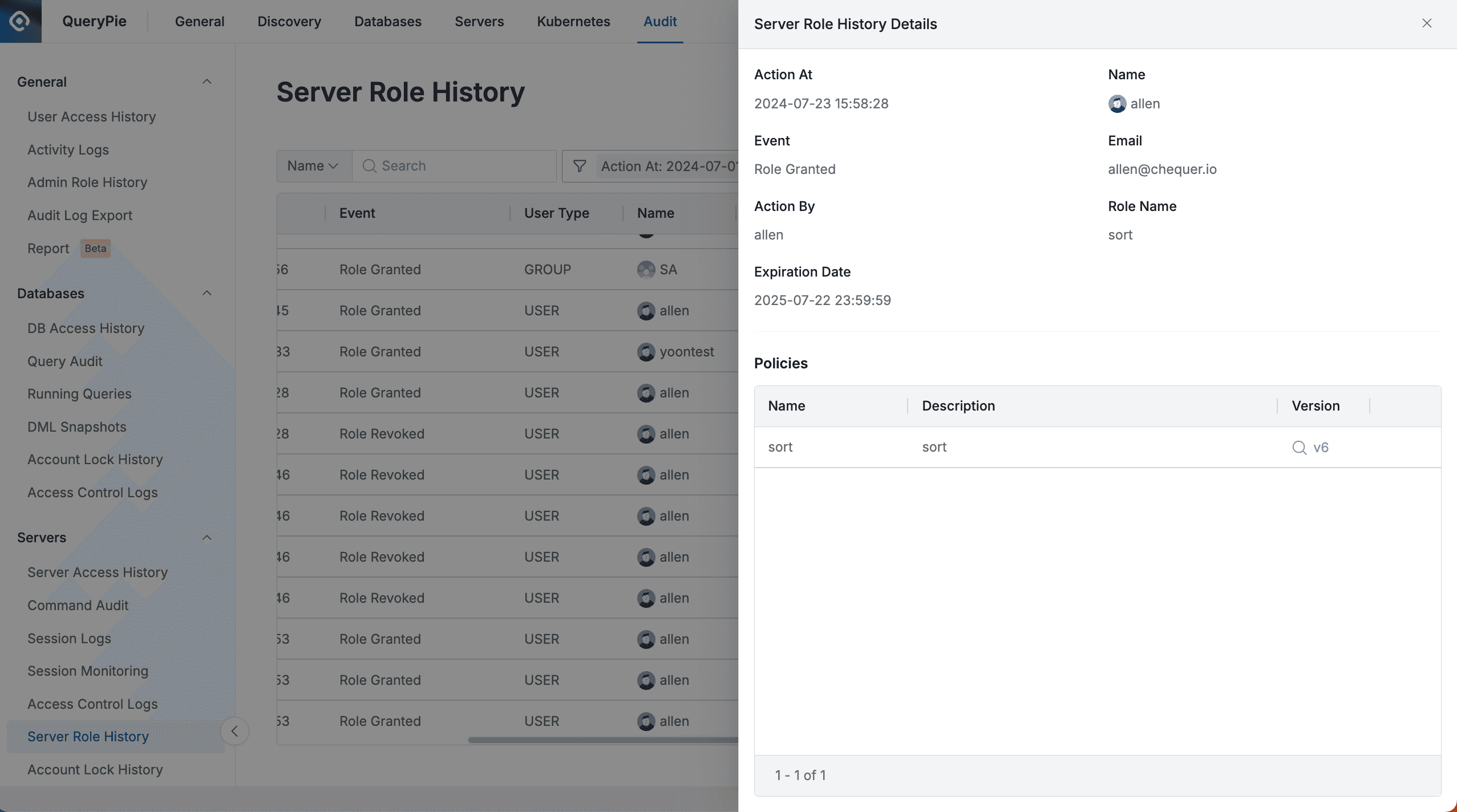 Administrator > Audit > Servers > Server Role History > Server Role History Details