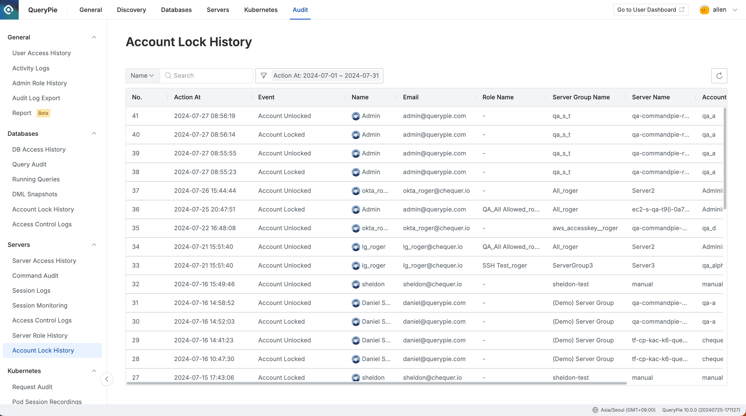 Administrator > Audit > Servers > Server Account Lock History