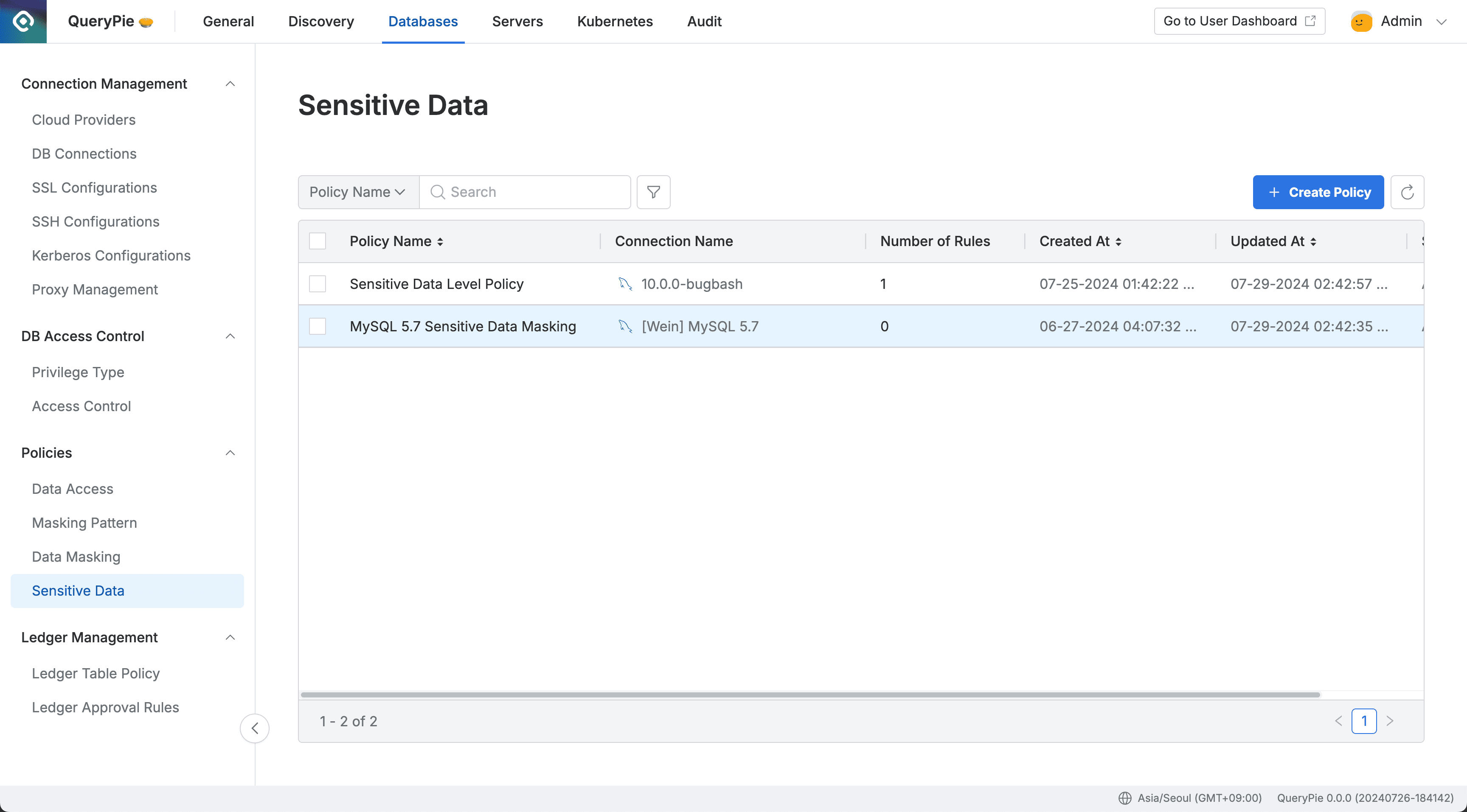 Administrator > Databases > Policies > Sensitive Data