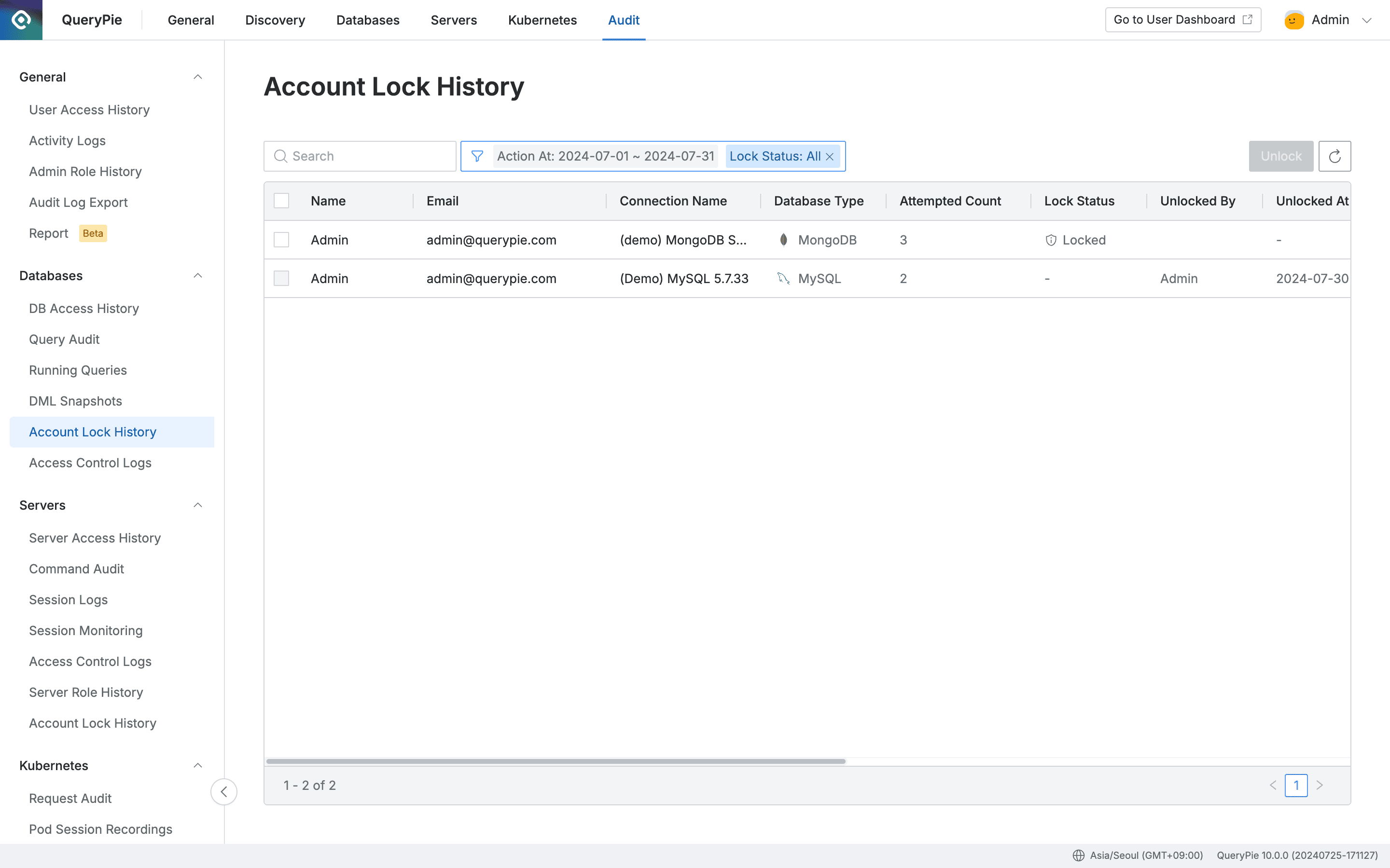 Administrator > Audit > Databases > Account Lock History